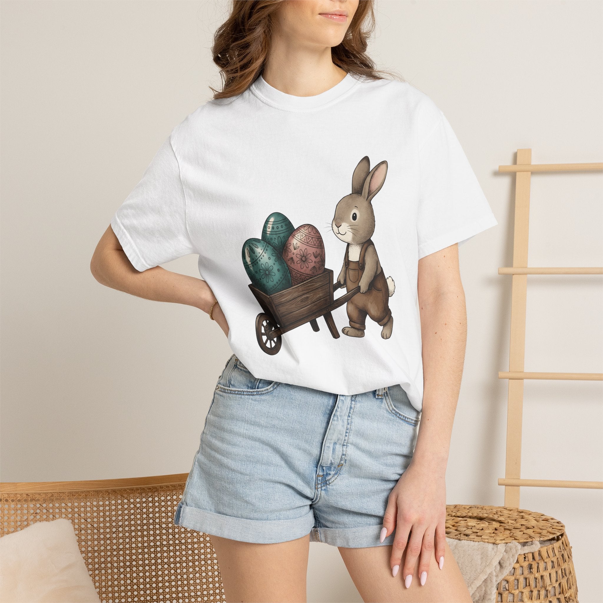 Bunny Cart Shirt Easter Wildlife Gift Women Sweet Tee Rabbit T-Shirt Easter Fan Bunny Tshirt Wildlife Graphic Doodle Colorful Eggs Tshirt