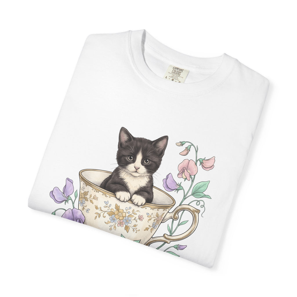 Cat Teacup Shirt Cat Leaves Gift Women Floral Design Tee Kitty T-Shirt Feline Fan Floral Tshirt Foliage Graphic Shabby Chic Petals Tshirt