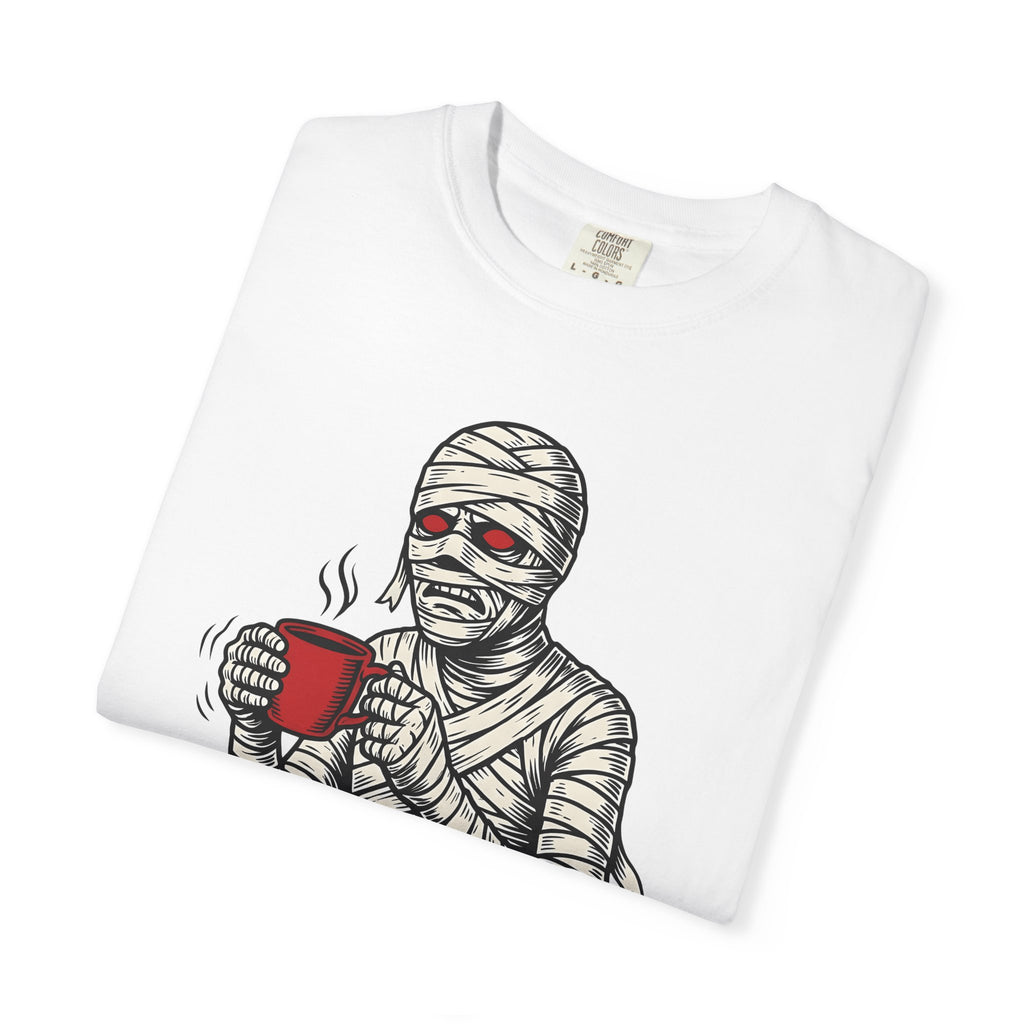 Bandaged Coffee Cup Shirt Halloween Caffeine Gift Women Cartoon Tee Mug T-Shirt Spooky Fan Coffee Cup Tshirt Caffeine Graphic Sketch Crimson