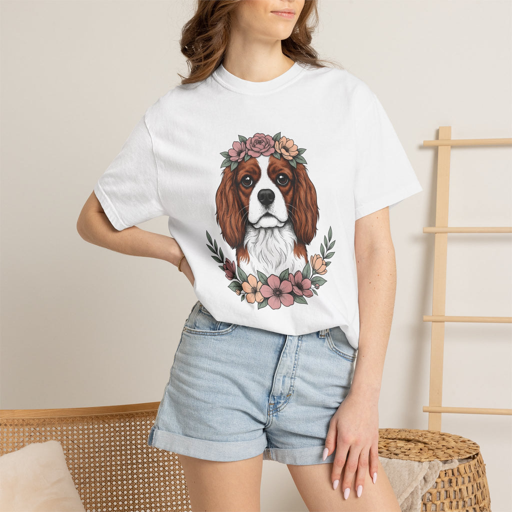 Cavalier Spaniel Dog Shirt Dog Blossoms Gift Women Flower Art Tee Spaniel T-Shirt Dog Fan Floral Tshirt Floral Graphic Sketch Flower Crown
