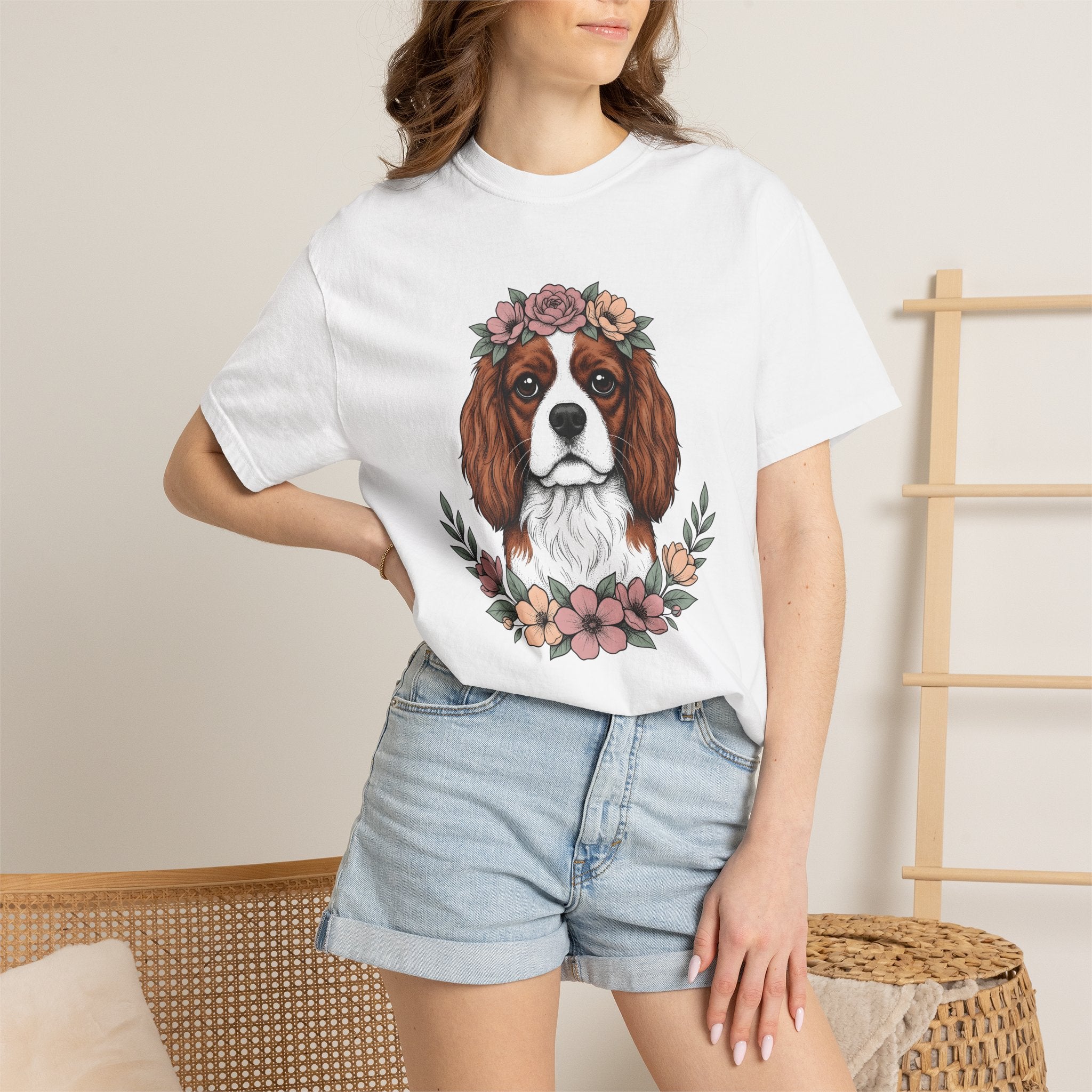 Cavalier Spaniel Dog Shirt Dog Blossoms Gift Women Flower Art Tee Spaniel T-Shirt Dog Fan Floral Tshirt Floral Graphic Sketch Flower Crown