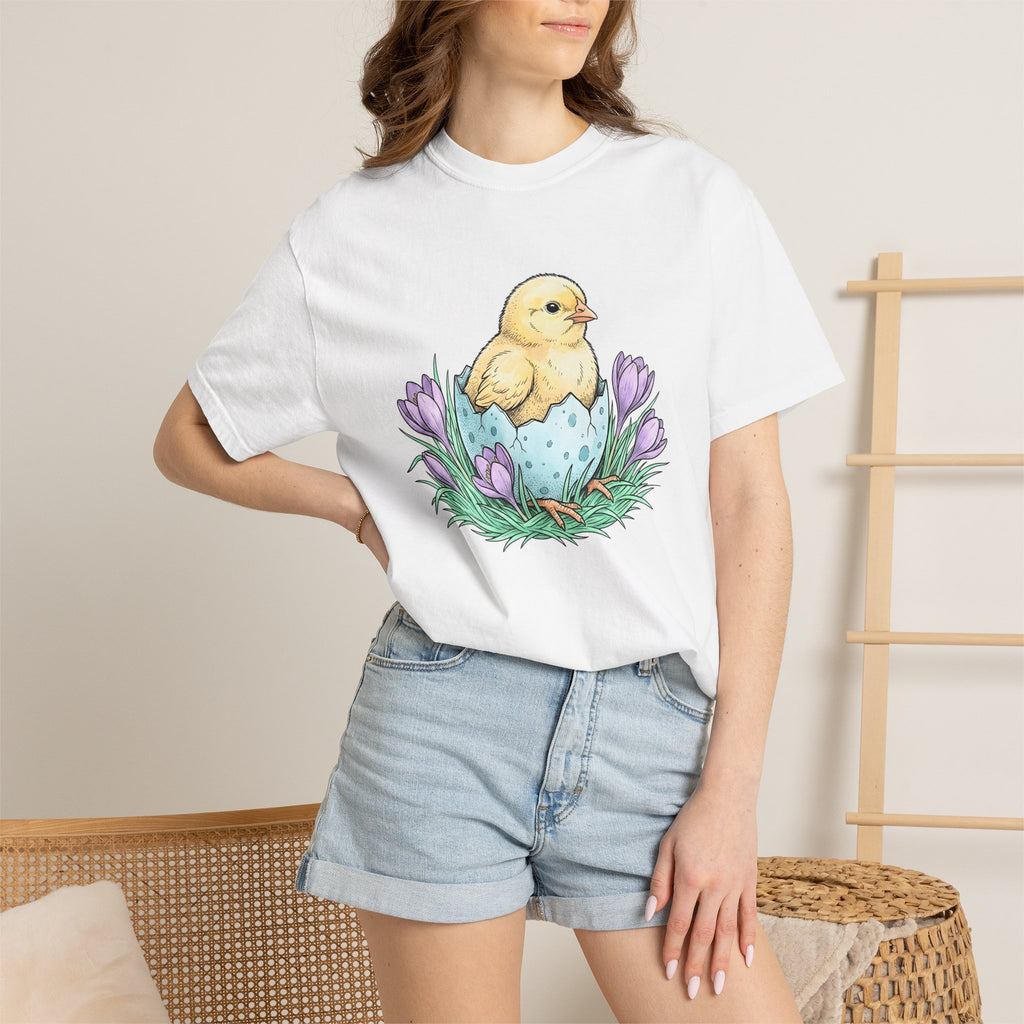 Chick Bird Shirt Easter Creature Gift Women Line Art Tee Hen T-Shirt Easter Fan Minimalist Tshirt Animal Graphic Cartoon Flower Bouquet