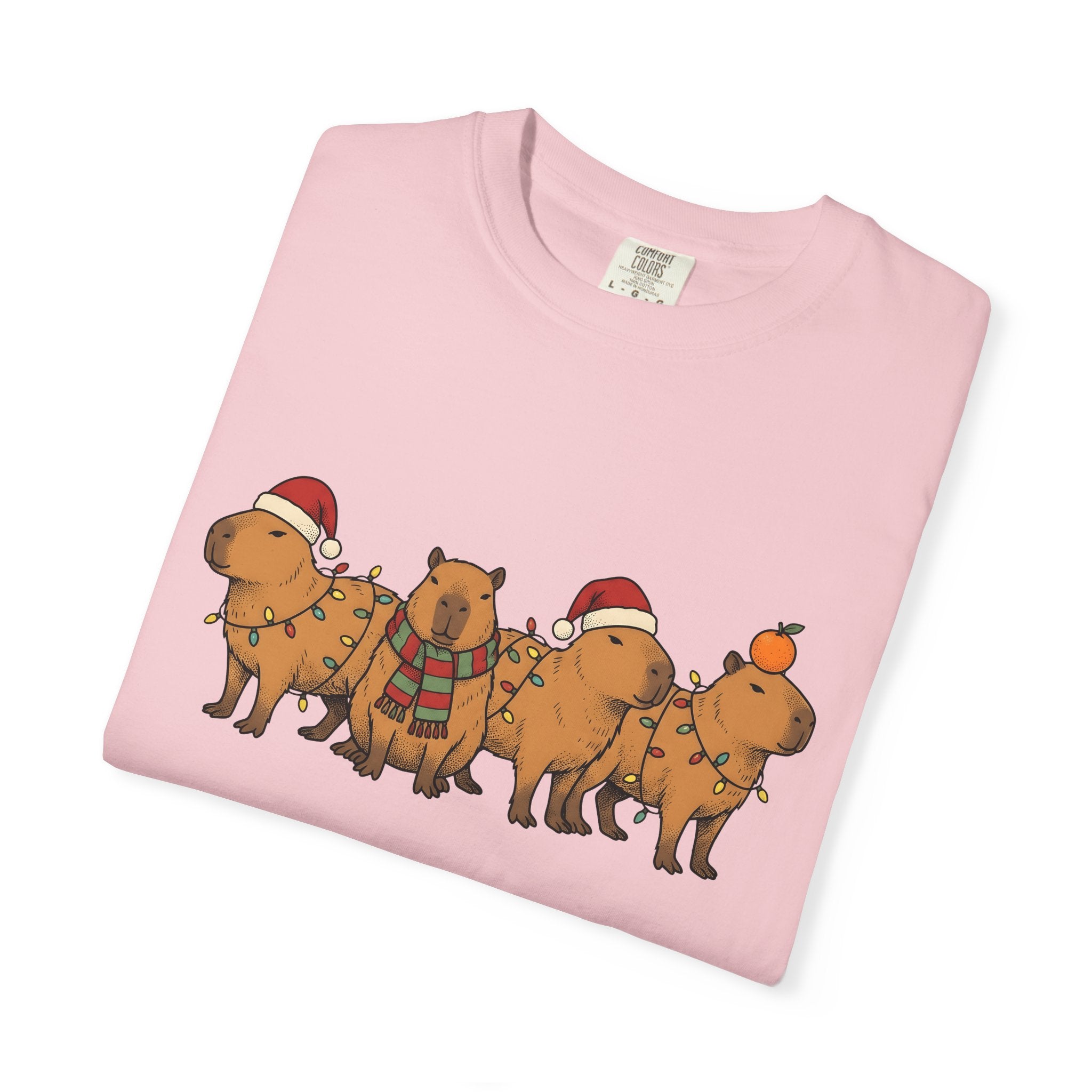 Capybara Herd Shirt Christmas Creatures Gift Women Illustration Tee Rodent T-Shirt Xmas Fan Drawing Graphic Line Art Led Lights Tshirt