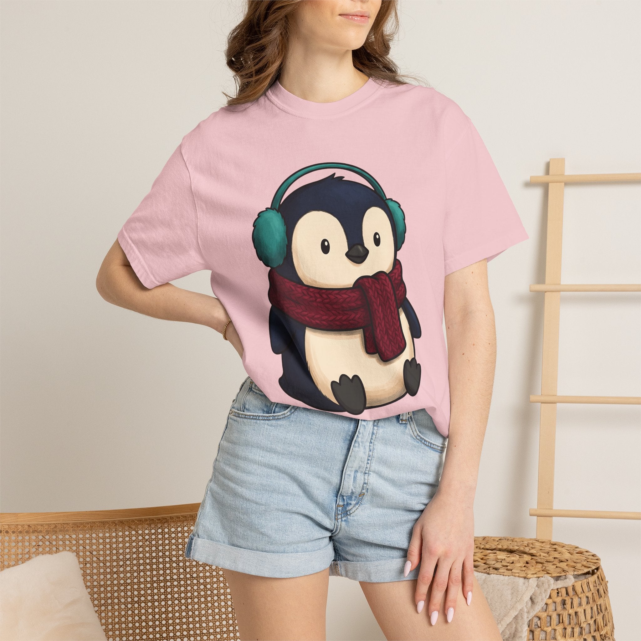 Penguin Shirt Animals Frost Gift Women Whimsical Tee Puffin T-Shirt Wildlife Fan Cartoon Tshirt Frosty Graphic Line Art Winter Wrap Tshirt