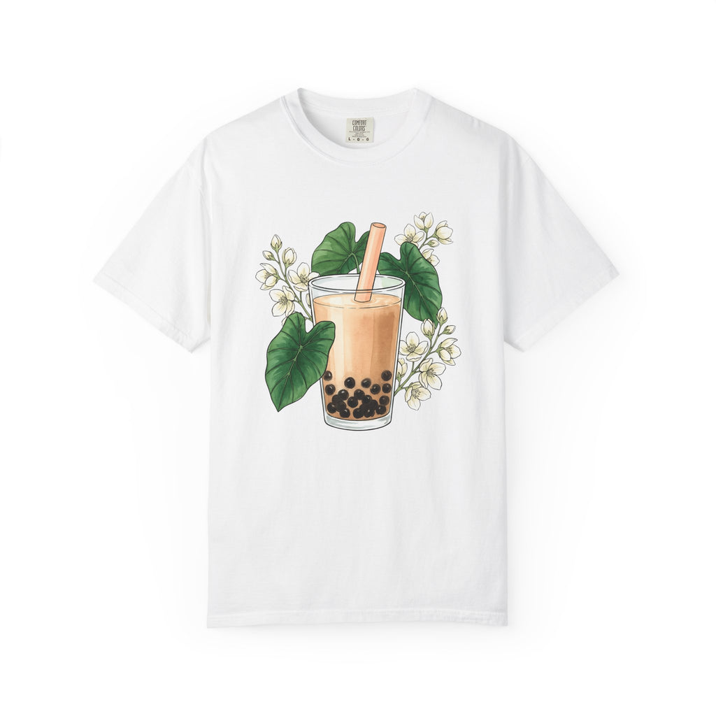 Bubble Tea Shirt Drinks Plants Gift Women Ink Tee Boba T-Shirt Beverage Fan Boba Graphic Doodle Floral Tshirt