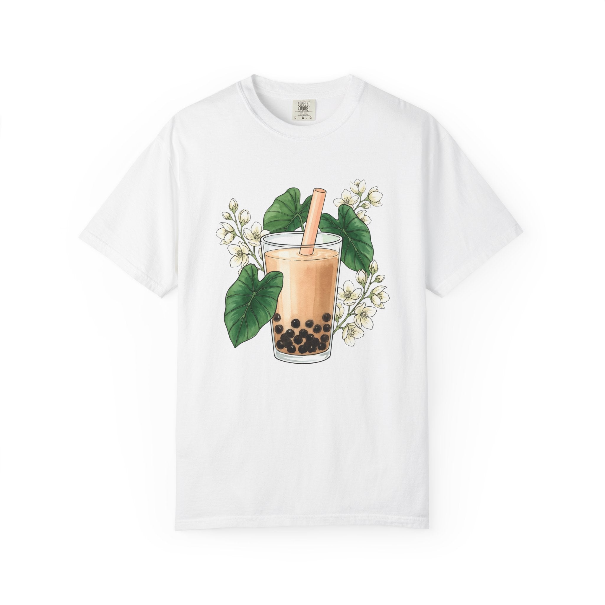 Bubble Tea Shirt Drinks Plants Gift Women Ink Tee Boba T-Shirt Beverage Fan Boba Graphic Doodle Floral Tshirt