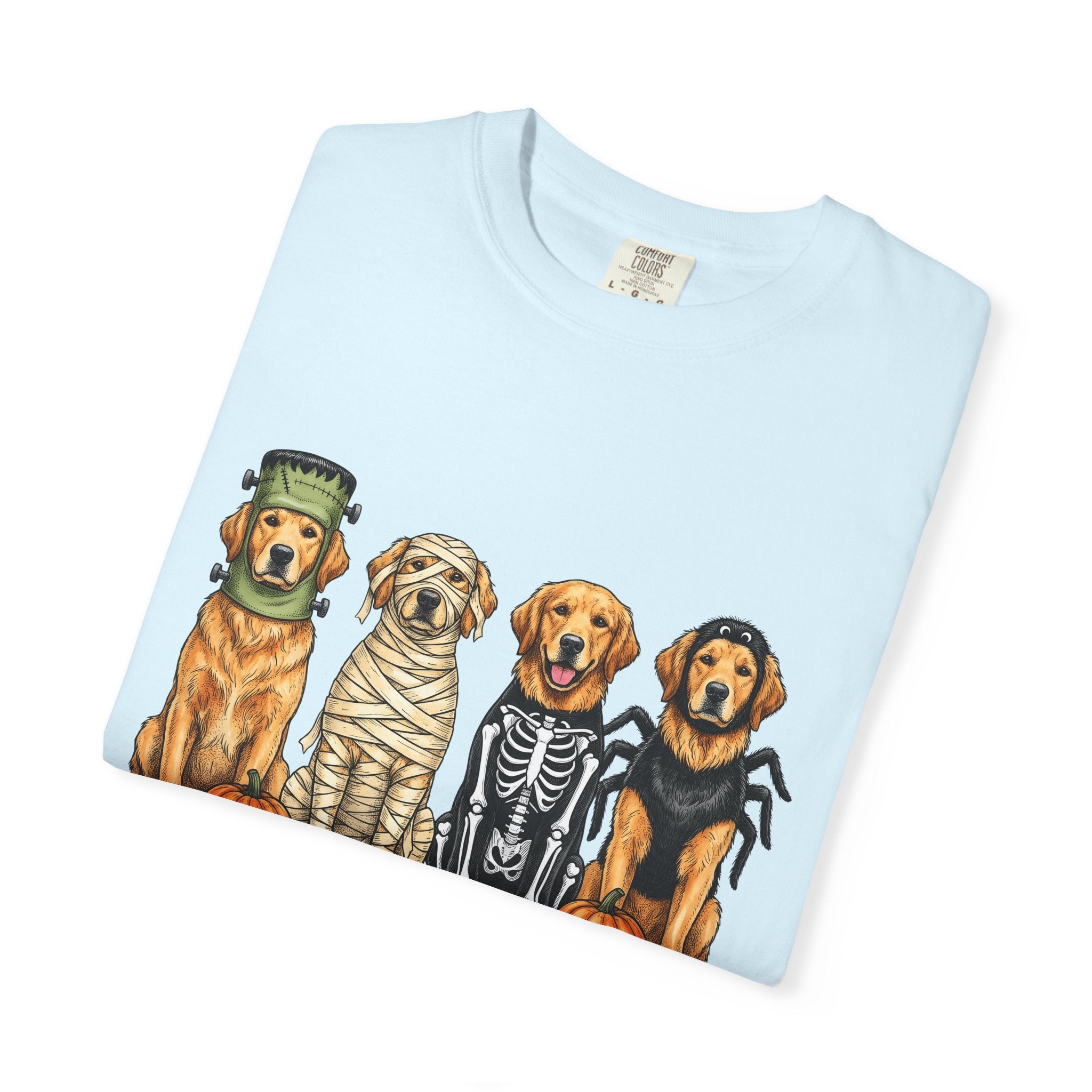 Golden Retriever Puppies Shirt Dog Spooky Gift Women Sketch Tee Puppy T-Shirt Dog Fan Pup Drawing Horror Graphic Retro Jack O Lantern Tshirt