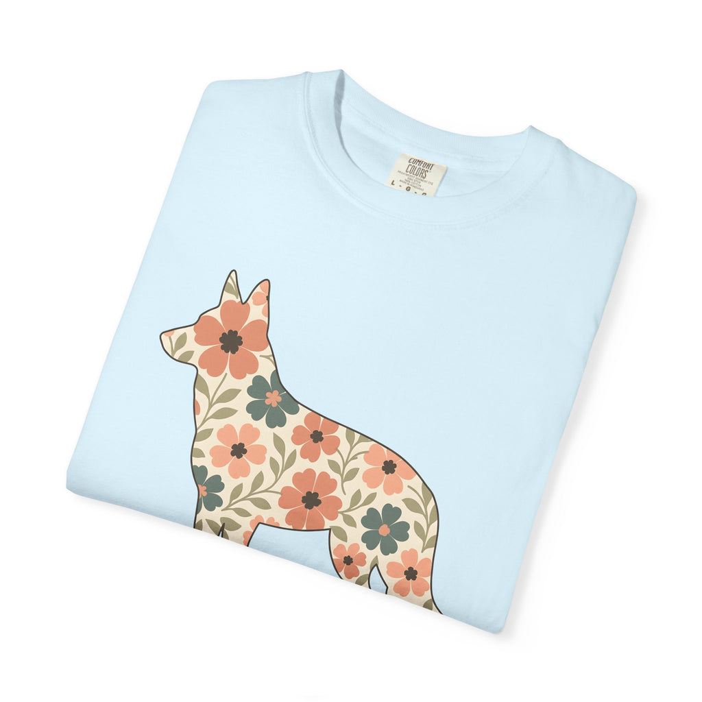 German Shepherd Puppy Shirt Dog Critters Gift Women Flower Art Tee Alsatian T-Shirt Dog Fan Canine Graphic Tshirt Clean Floral Tshirt