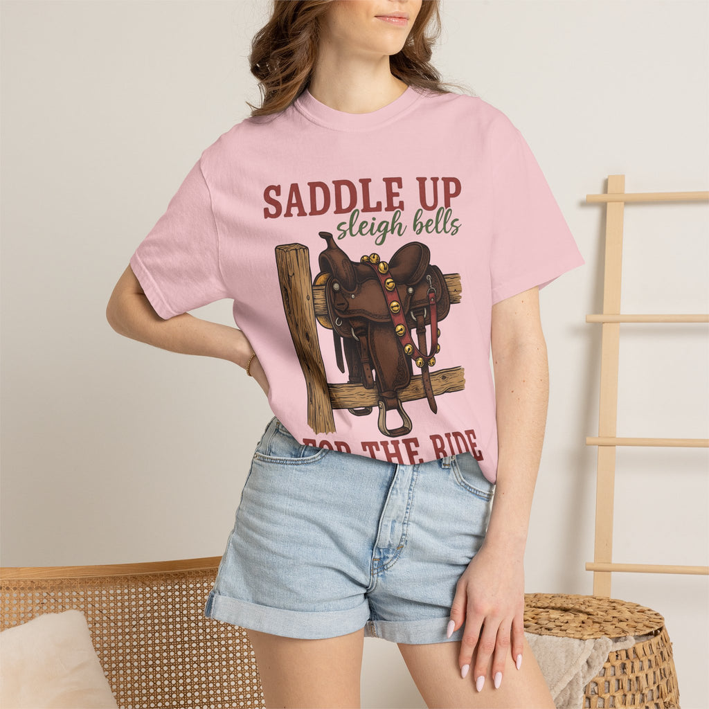 Leather Saddle Shirt Cowgirl Winter Gift Women Classic Tee Saddle T-Shirt Rodeo Fan Vintage Tshirt Frosty Graphic Outline Seasonal Bells