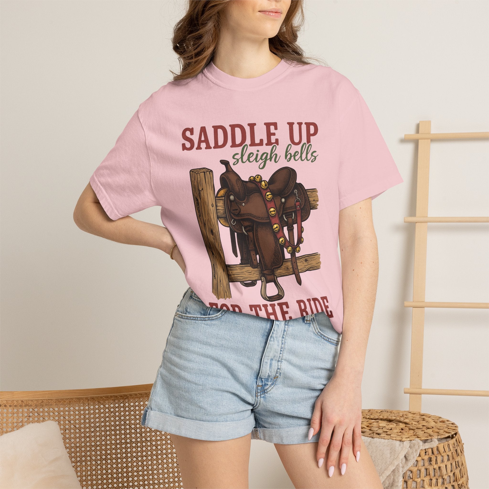 Leather Saddle Shirt Cowgirl Winter Gift Women Classic Tee Saddle T-Shirt Rodeo Fan Vintage Tshirt Frosty Graphic Outline Seasonal Bells