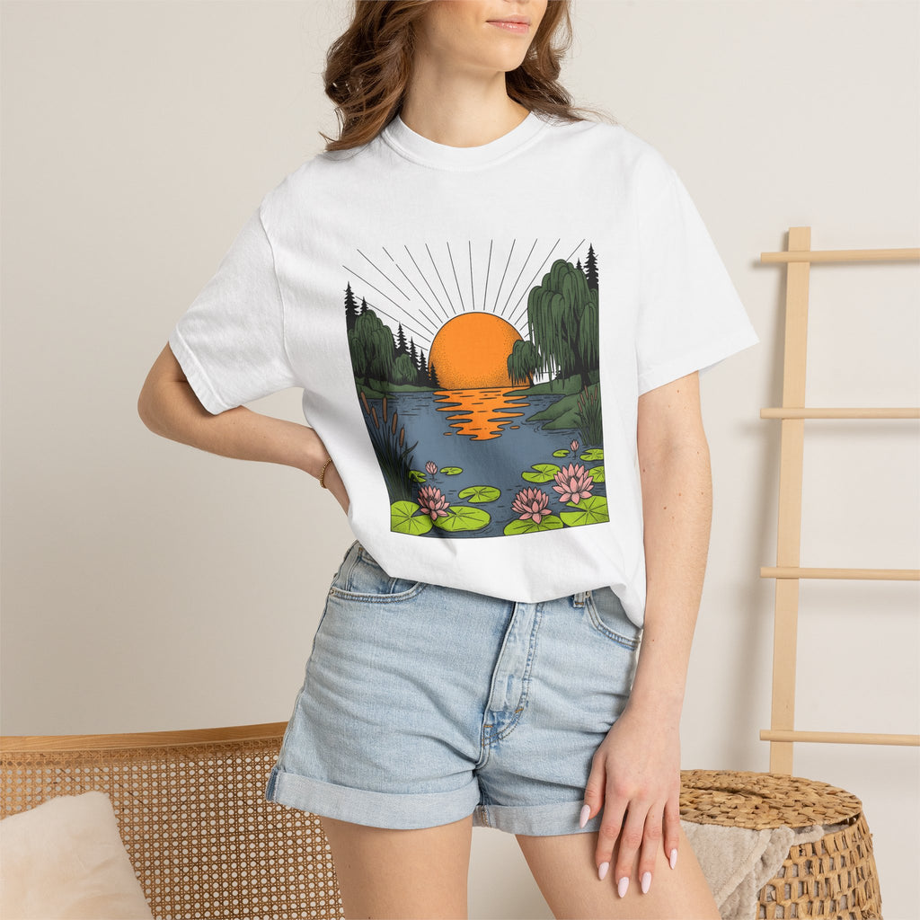 Twilight Lake Scene Shirt Nature Wildlife Gift Women Garden Illustration Tee Lakefront T-Shirt Outdoor Fan Botanical Tshirt Animal Graphic