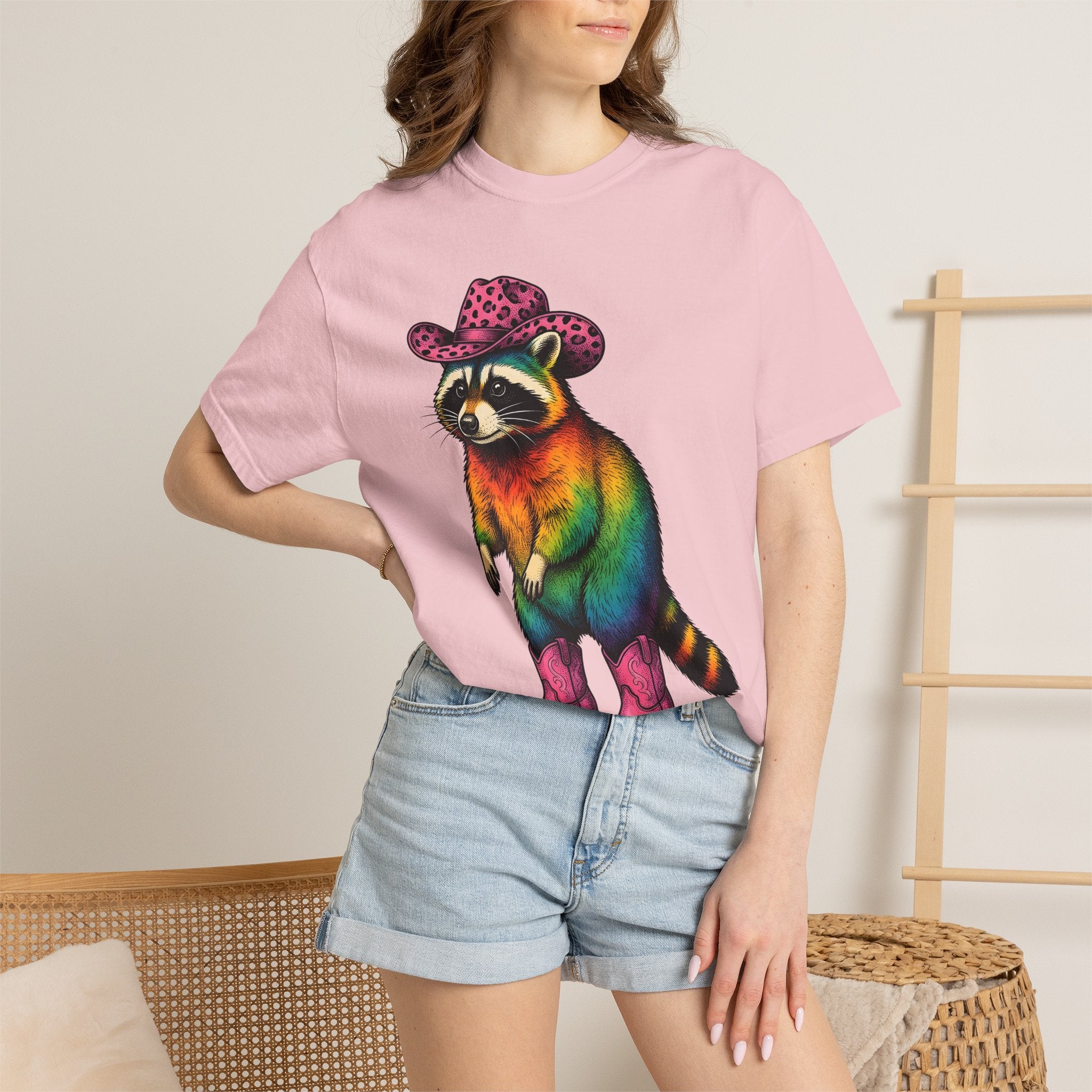 Colorful Raccoon Shirt Cowgirl Wildlife Gift Women Vibrant Graphic Tee Raccoon T-Shirt Cowgirl Fan Animal Graphic Wildlife Illustration