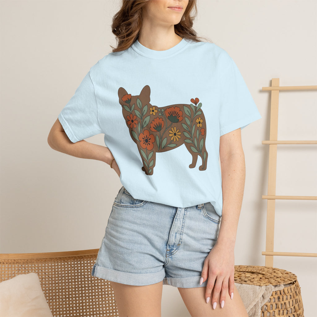 French Bulldog Shirt Dog Floral Gift Women Boho Tee Bouledogue Francais T-Shirt Dog Fan Hippie Tshirt Botanical Graphic Minimalist Flowers