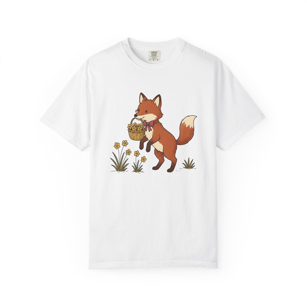 Fox Basket Shirt Easter Animal Gift Women Cute Tee Wickerwork T-Shirt Easter Fan Kawaii Tshirt Wildlife Graphic Hand Drawn Flowers Tshirt