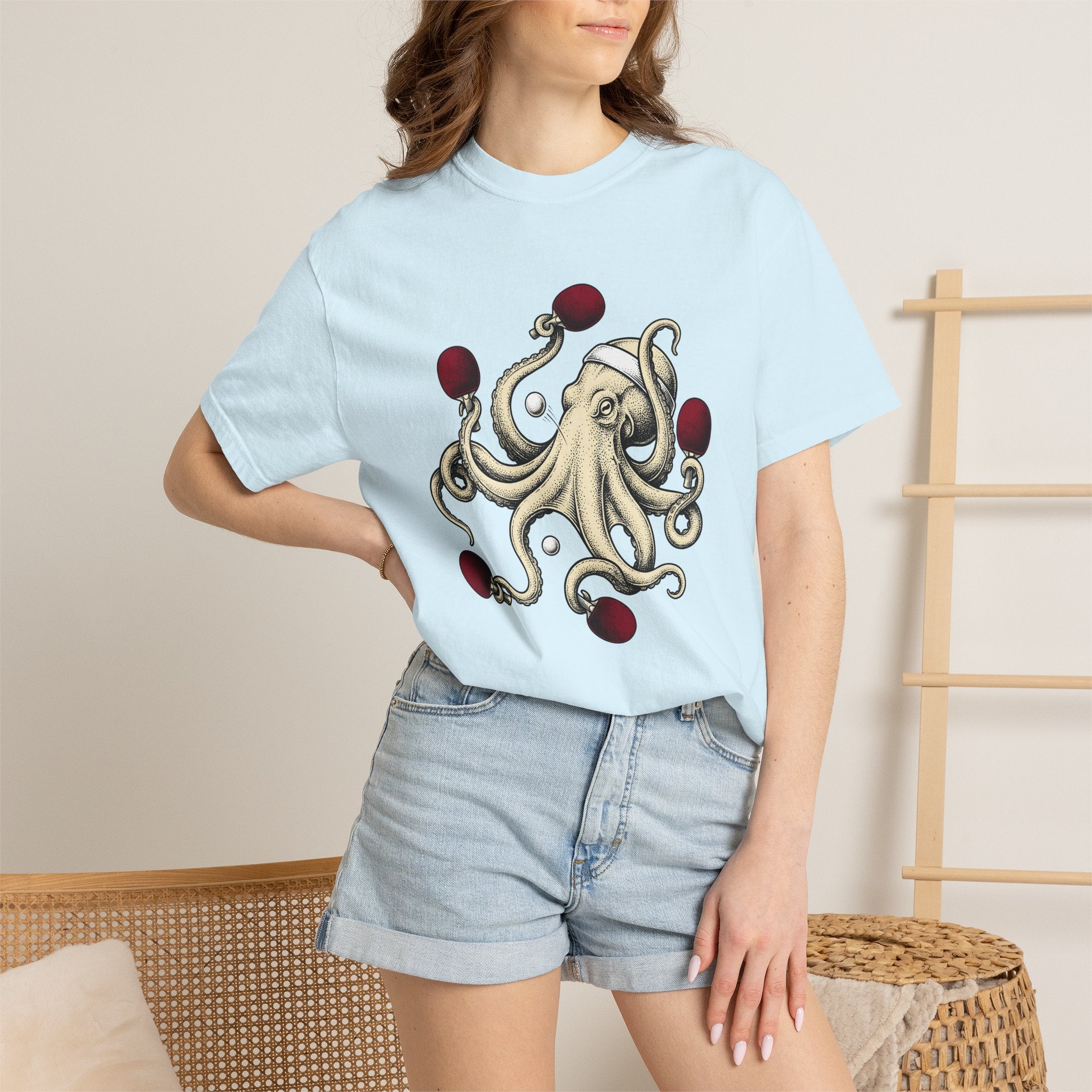 Squid Ping Pong Shirt Sports Wildlife Gift Women Old School Tee Octopus T-Shirt Athlete Fan Calamari Tshirt Animal Graphic Doodle Head Wrap
