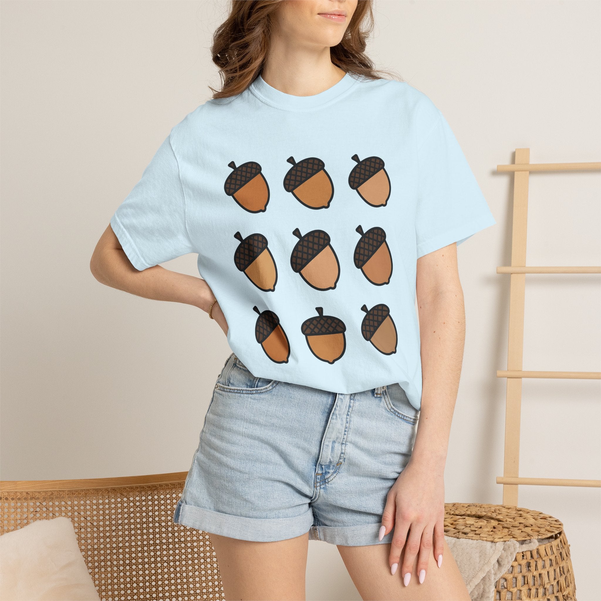 Acorn Print Shirt Cute Autumn Gift Women Comic Tee Oak T-Shirt Adorable Fan Cartoon Tshirt Fall Graphic Clean Check Design Tshirt