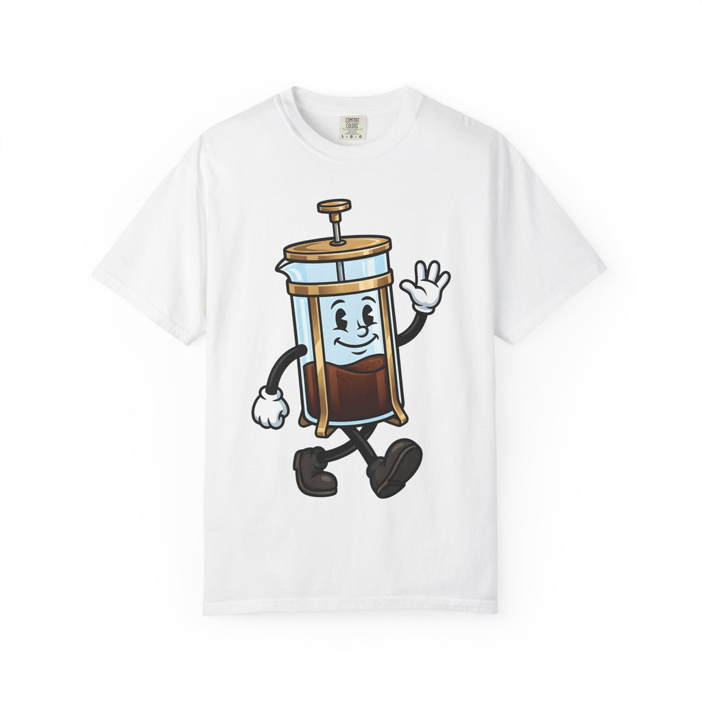 French Press Character Shirt Coffee Foodie Gift Women Cartoon Tee Cafetiere T-Shirt Coffee Fan Comic Tshirt Gourmet Graphic Retro Walking