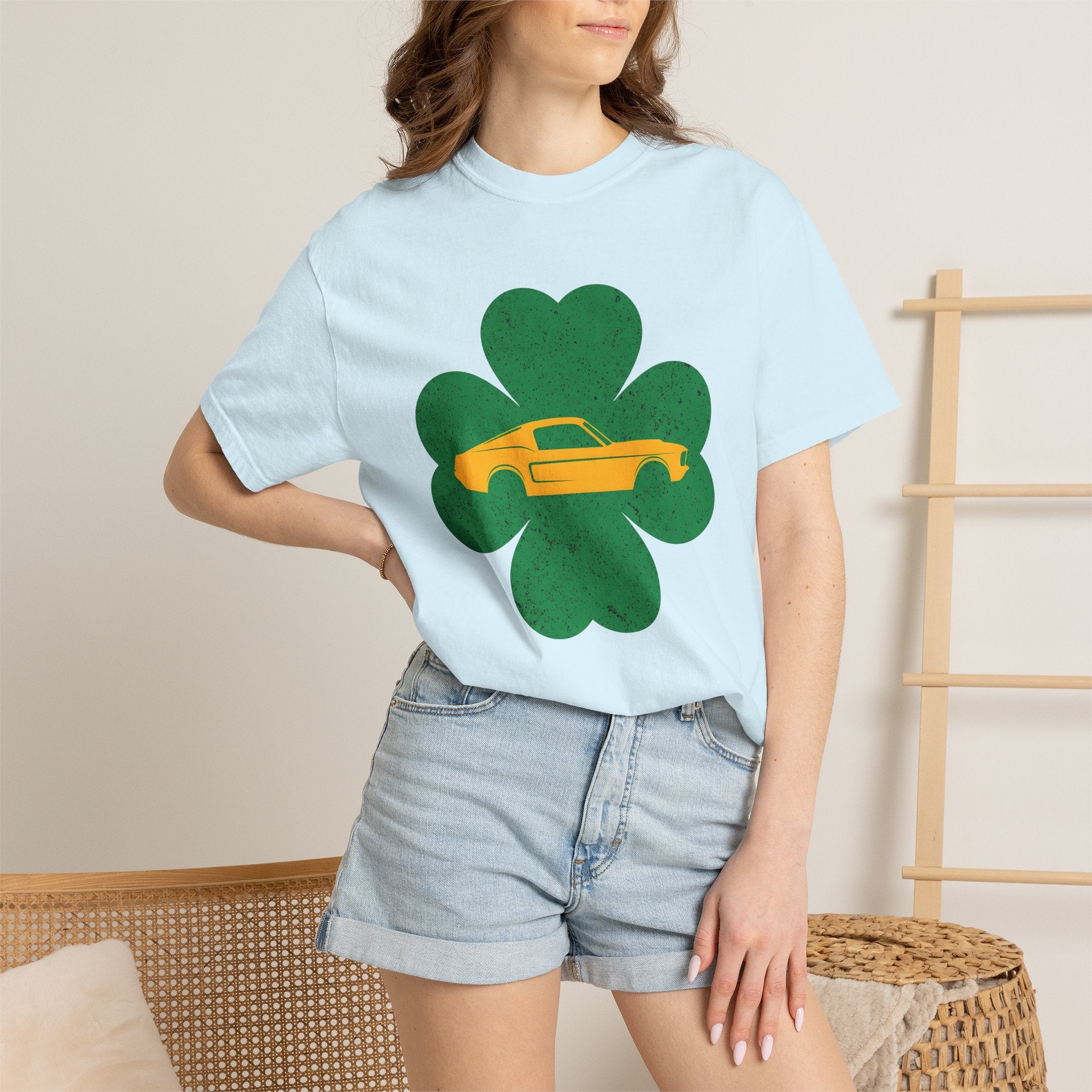 Vintage Muscle Car Clover Shirt St Patrick's Day Transport Gift Women Sketch Tee Muscle Car T-Shirt Patrick's Day Enthusiast Drawing