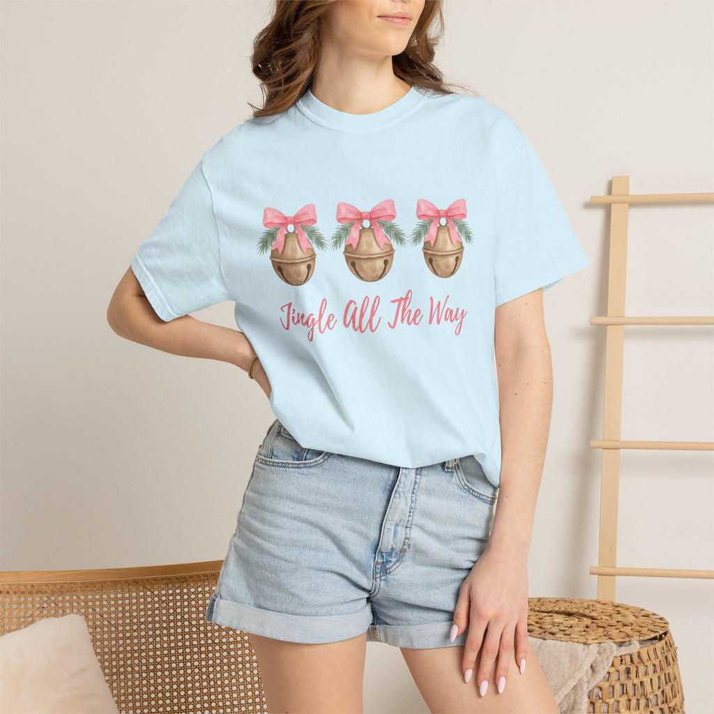 Jingle Bell Shirt Christmas Holiday Gift Women Watercolor Tee Bell T-Shirt Xmas Fan Christmas Tshirt Holiday Graphic Sketch Pink Ribbon
