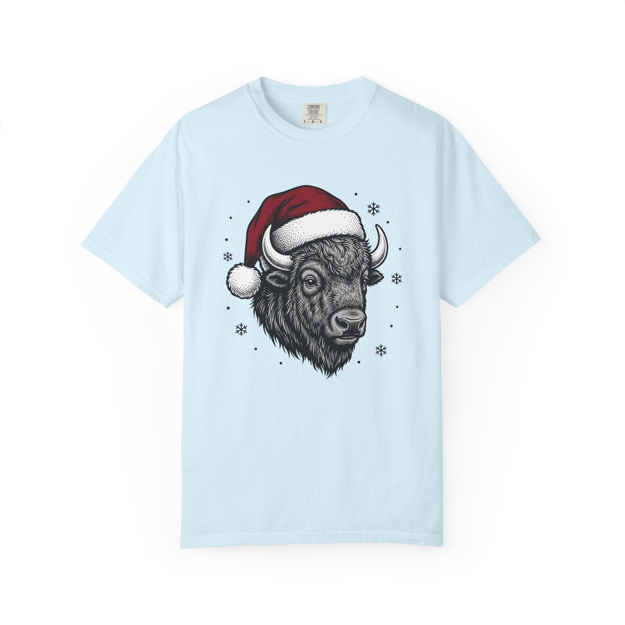 Bison Santa Hat Shirt Christmas Animal Gift Women Hand Drawn Tee Buffalo T-Shirt Xmas Fan Bison Graphic Vintage Snowflakes Tshirt