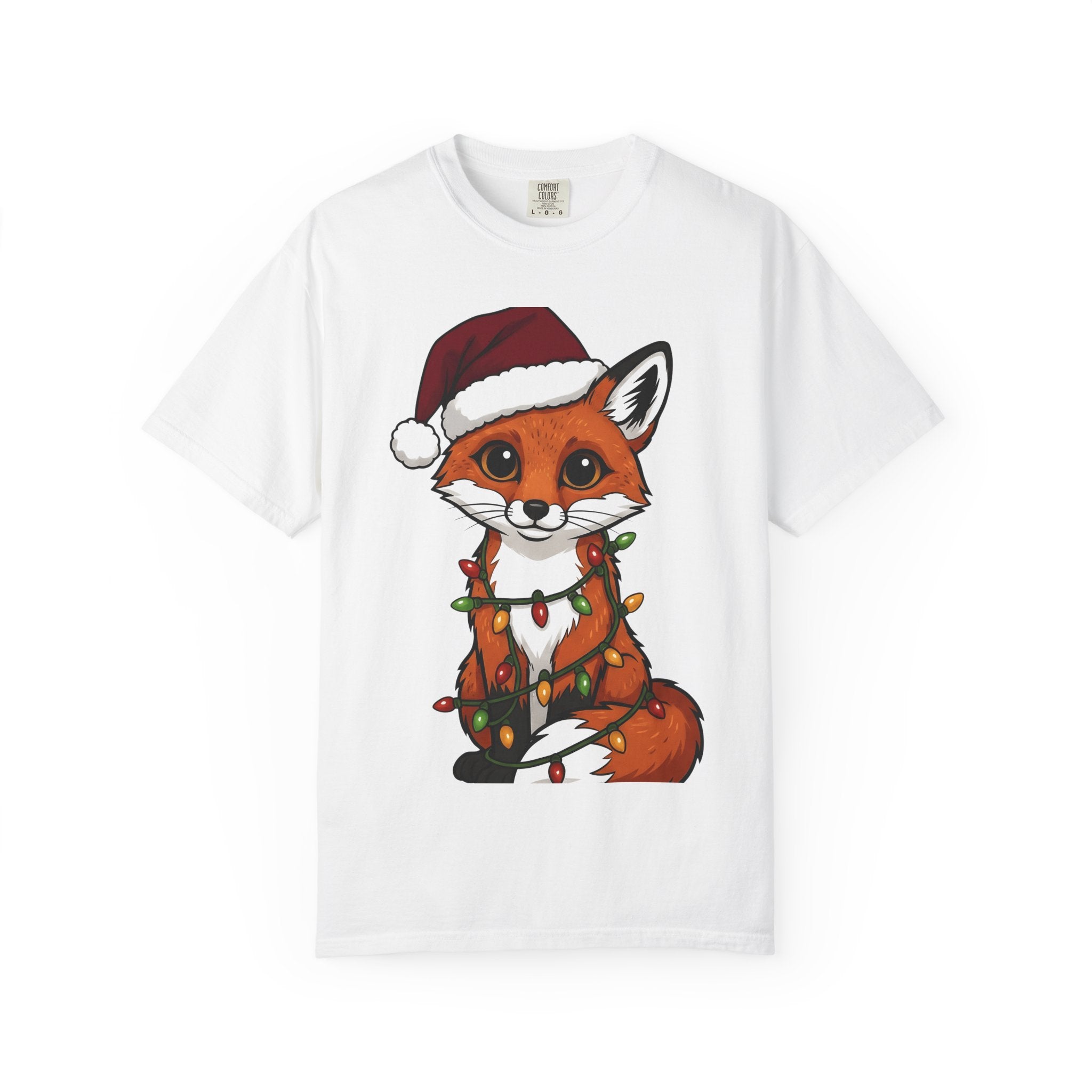 Fox Santa Hat Shirt Christmas Animal Gift Women Cartoon Tee Fox T-Shirt Xmas Fan Fox Graphic Kawaii Christmas Lights Tshirt