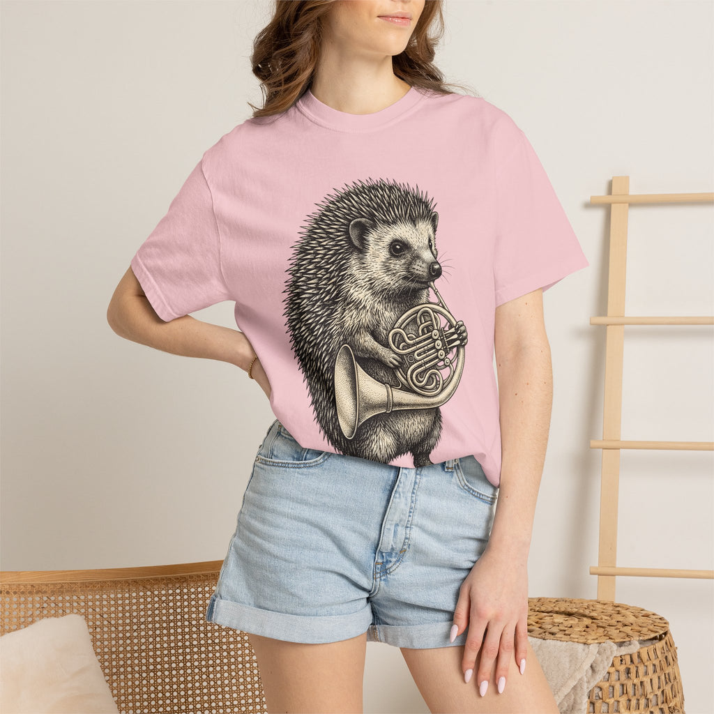Hedgehog Horn Shirt Animals Instruments Gift Women Retro Tee Prickles T-Shirt Wildlife Fan Vintage Tshirt Musical Instrument Graphic Sketch