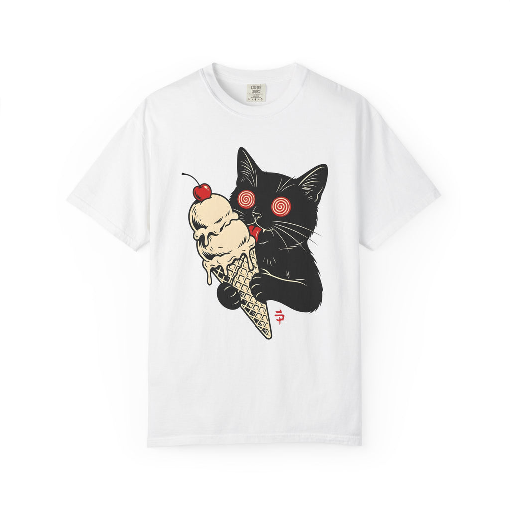 Black Cat Shirt Cat Food Gift Women Bold Graphic Tee Kitty T-Shirt Cat Fan Graphic Design Illustration Retro Ice Cream Cone Tshirt