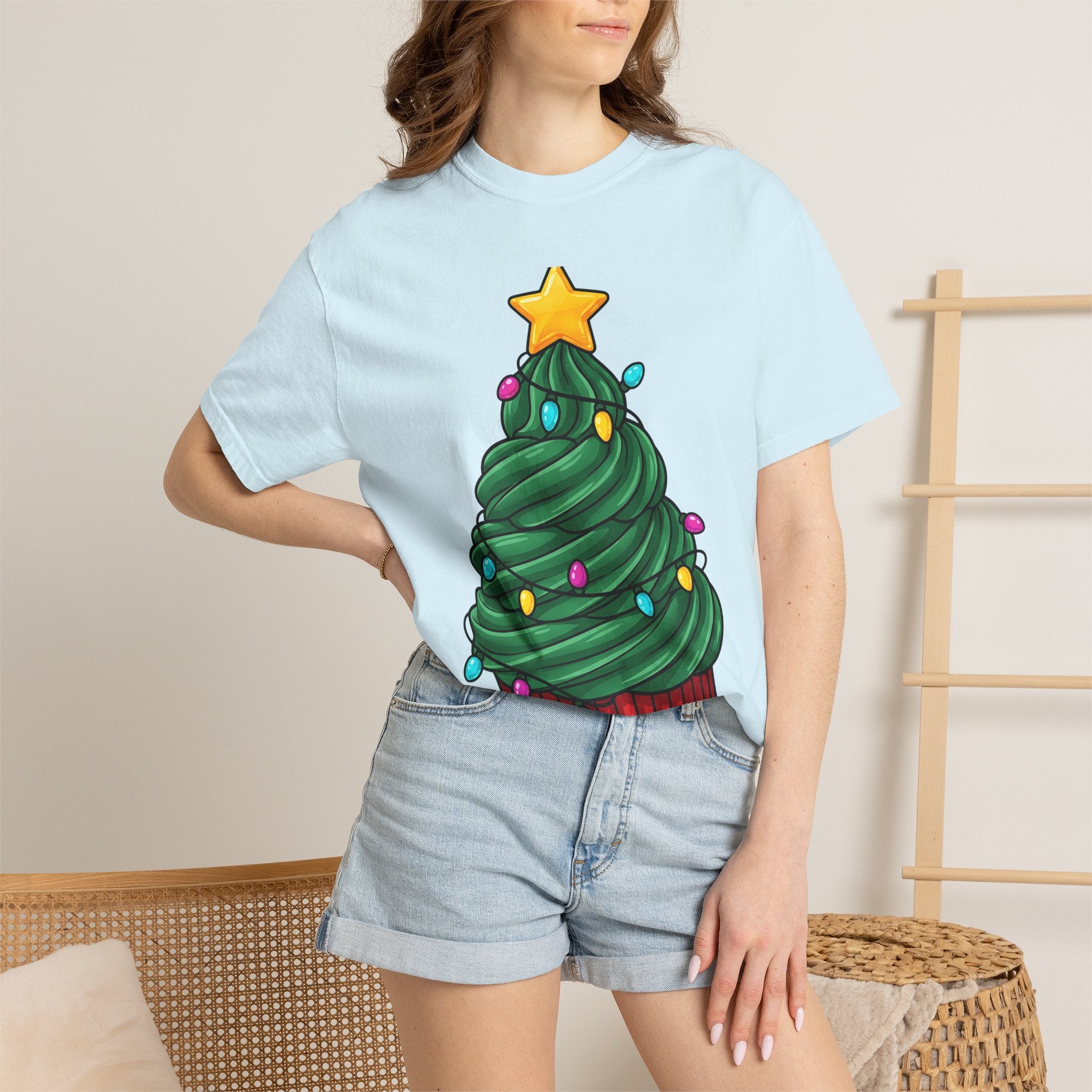 Holiday Cupcake Shirt Desserts Celebration Gift Women Comic Tee Cupcake T-Shirt Pastry Fan Cartoon Tshirt Party Graphic Playful Fairy Lights