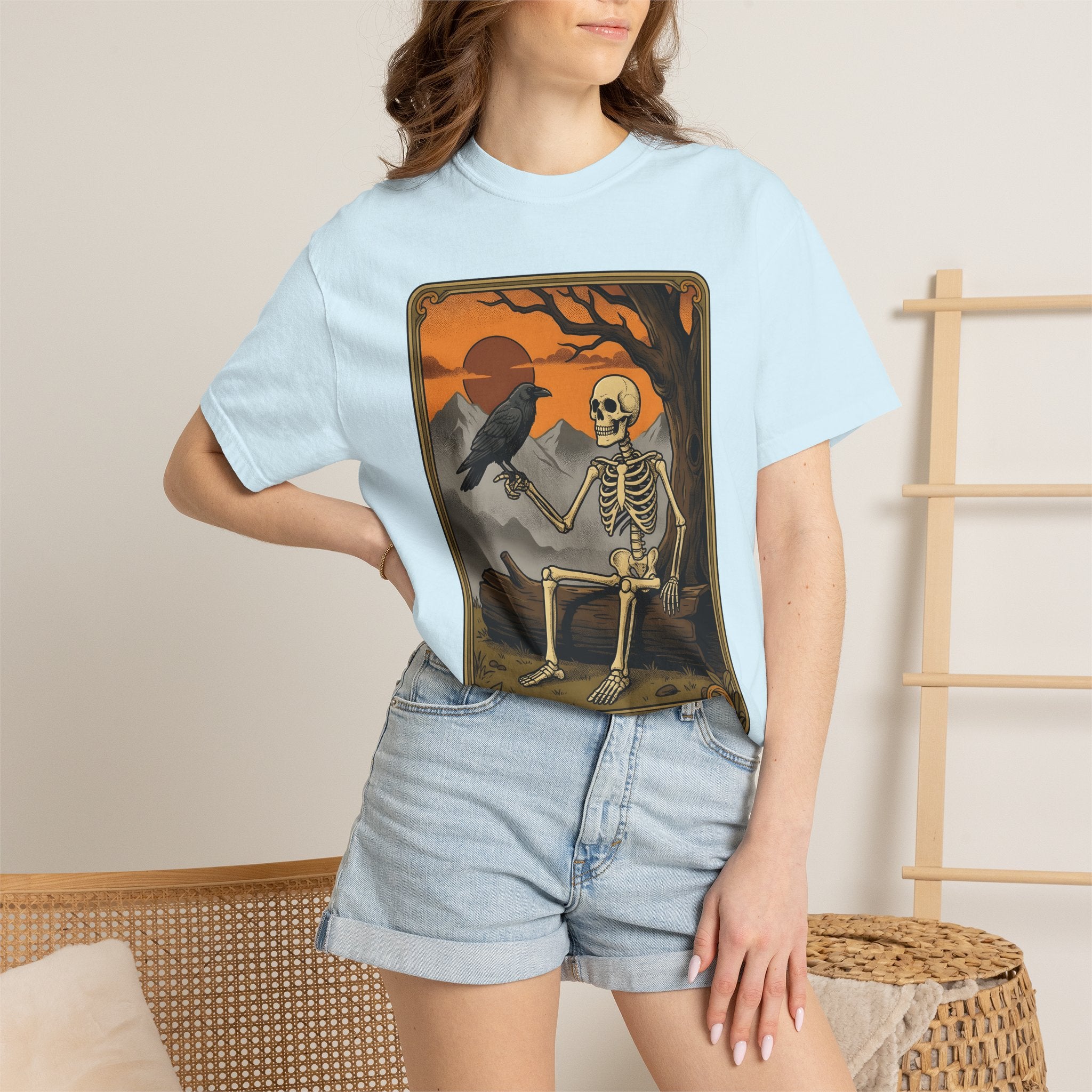 Skeleton Crow Shirt Boho Chic Paranormal Gift Women Sketch Tee Crow T-Shirt Bohemian Fan Doodle Tshirt Supernatural Graphic Divination