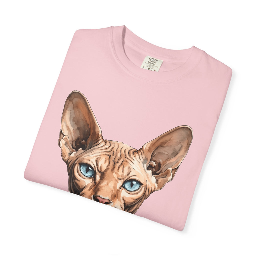 Sphynx Feline Shirt Cat Animal Gift Women Hand Painted Tee Cat T-Shirt Pet Fan Painted Tshirt Wildlife Graphic Lifelike Sapphire Eyes Tshirt