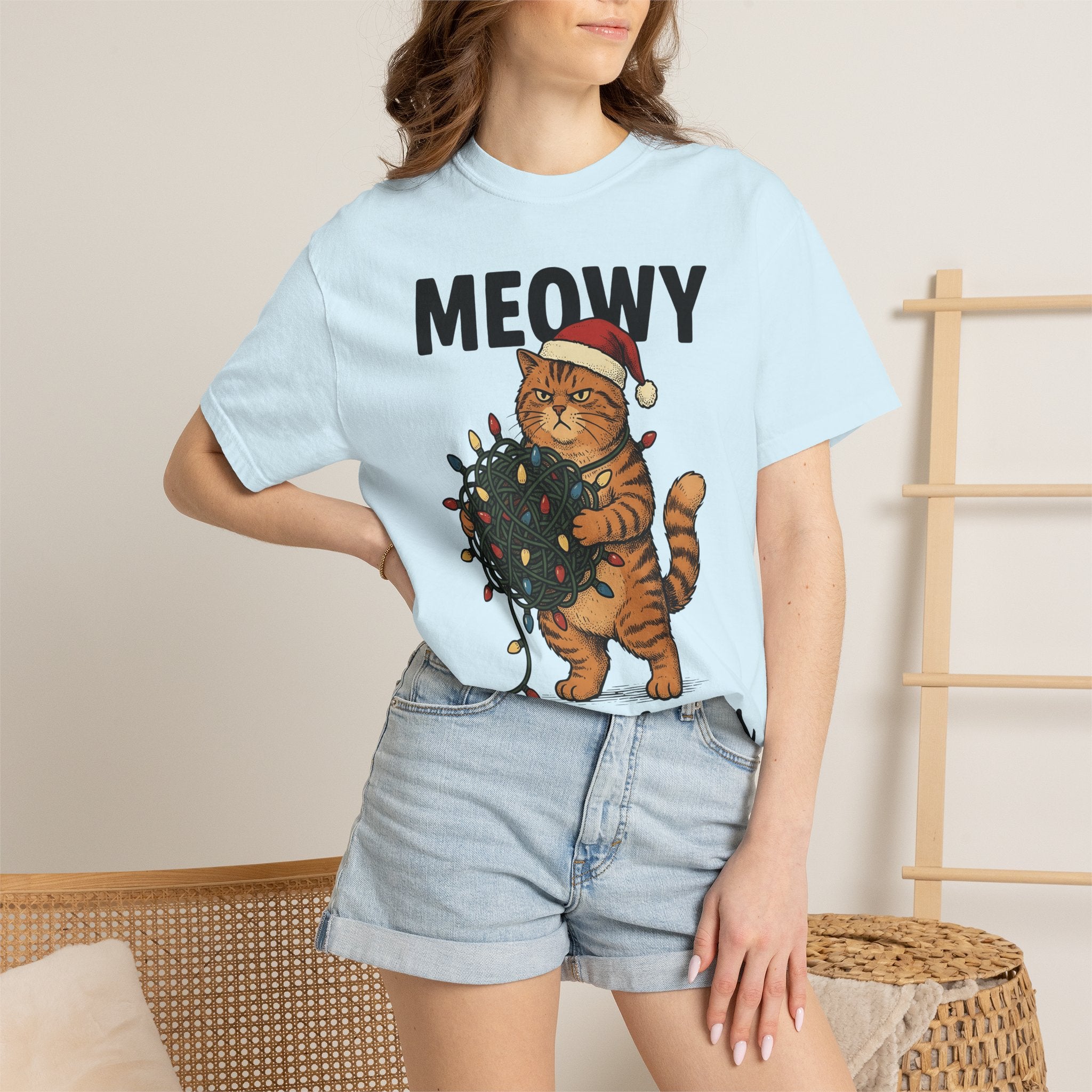 Cat Christmas Hat Shirt Christmas Critters Gift Women Line Art Tee Kitty T-Shirt Christmas Fan Feline Tshirt Animal Graphic Illustration