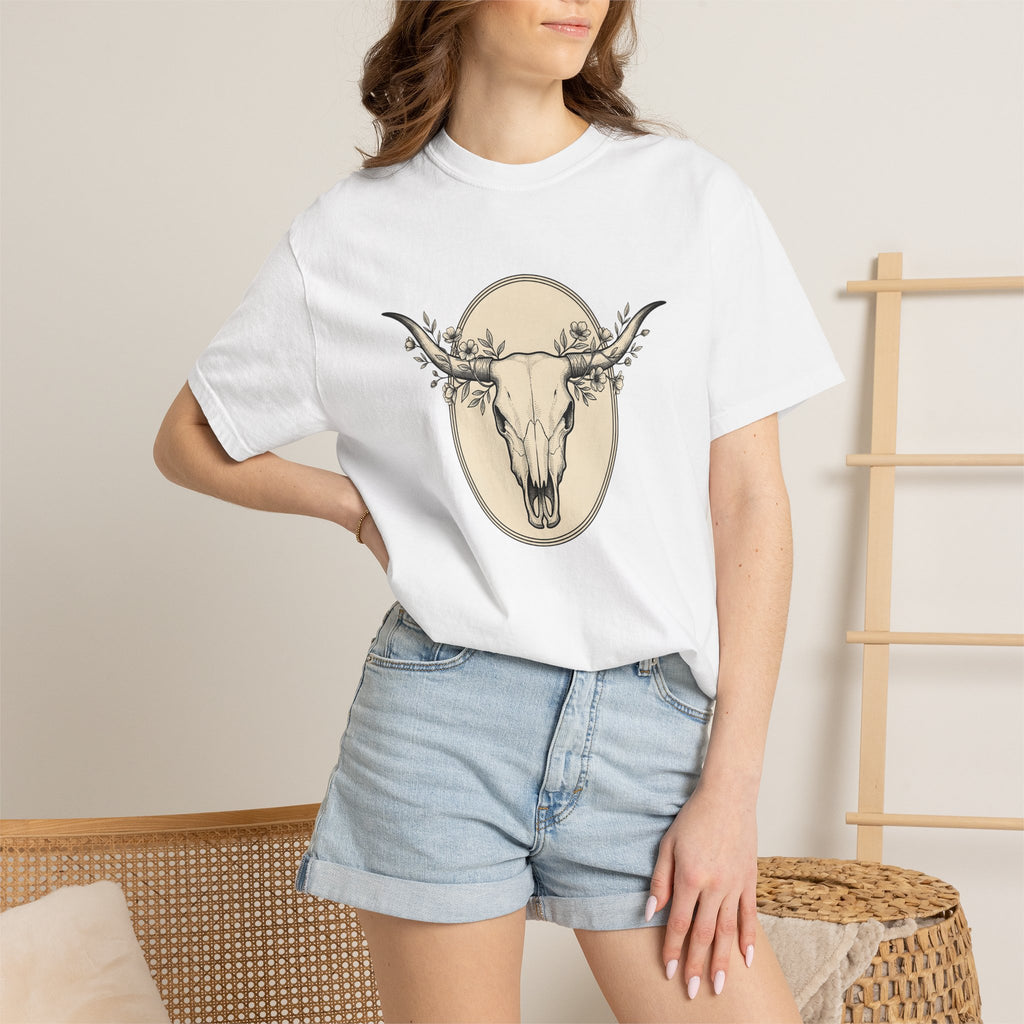 Cow Skull Shirt Cowgirl Cowboy Gift Women Southwestern Tee Bull Skull T-Shirt Rodeo Fan Western Tshirt Cowboy Graphic Rustic Meadow Flowers