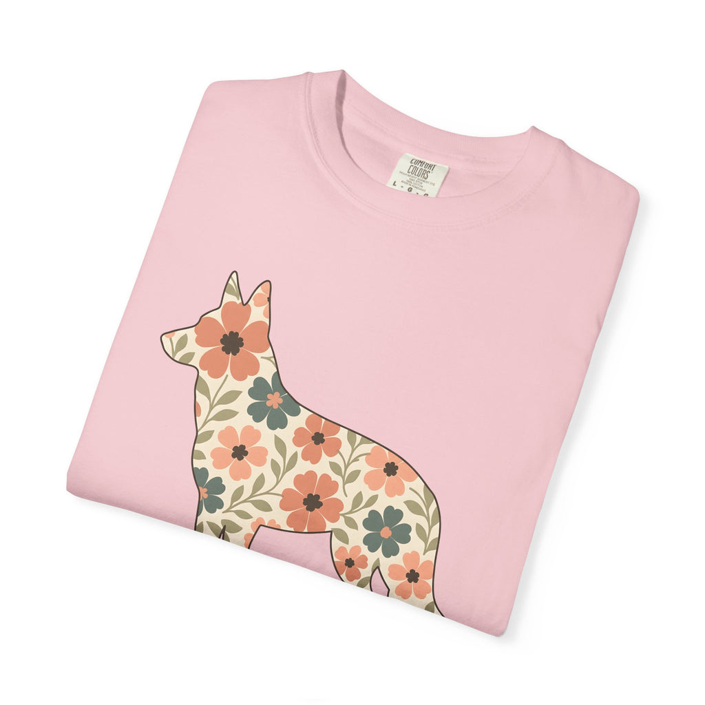 German Shepherd Puppy Shirt Dog Critters Gift Women Flower Art Tee Alsatian T-Shirt Dog Fan Canine Graphic Tshirt Clean Floral Tshirt