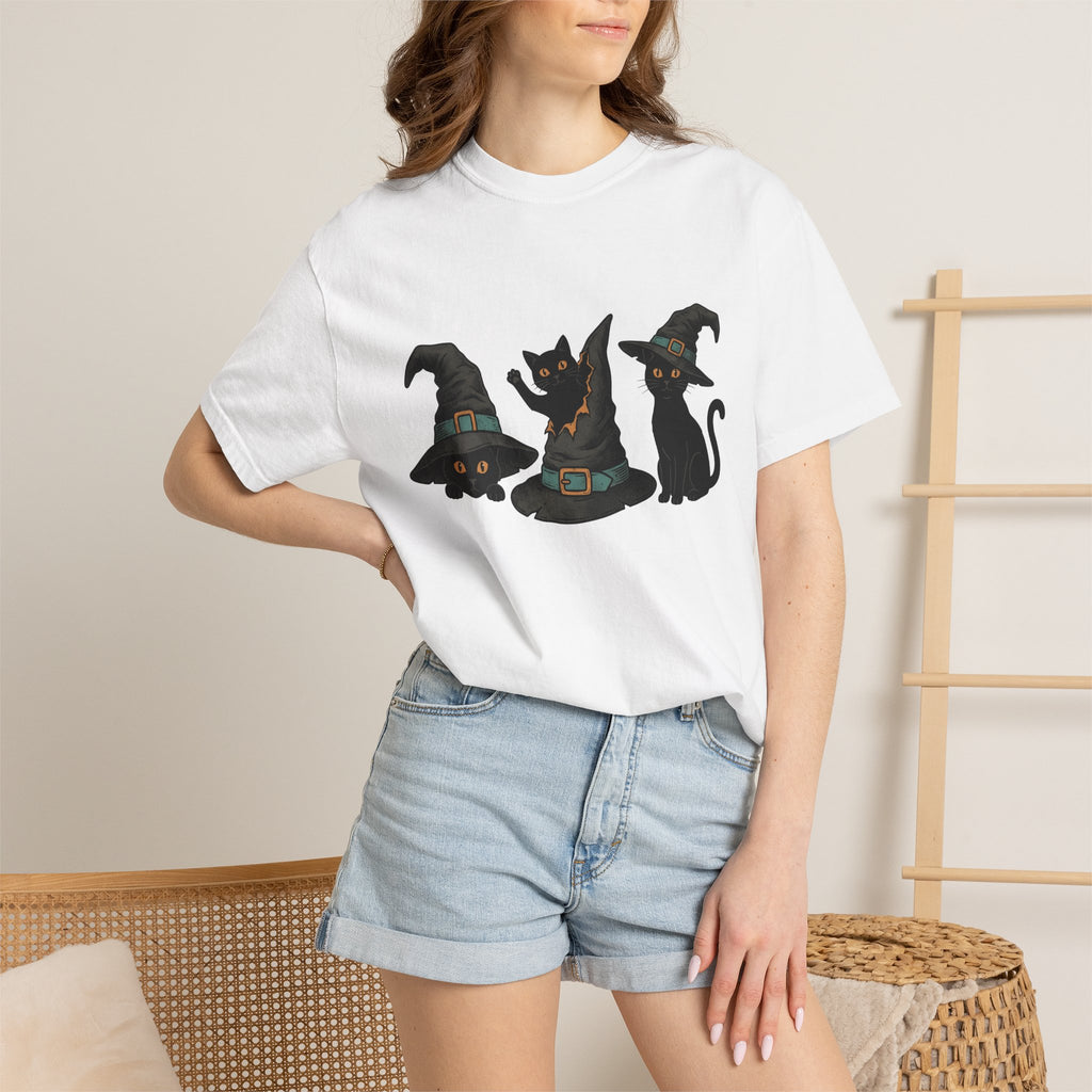 Black Cats Shirt Cat Costume Gift Women Retro Tee Cat T-Shirt Cat Fan Vintage Tshirt Cosplay Graphic Sketch Witch Hats Tshirt