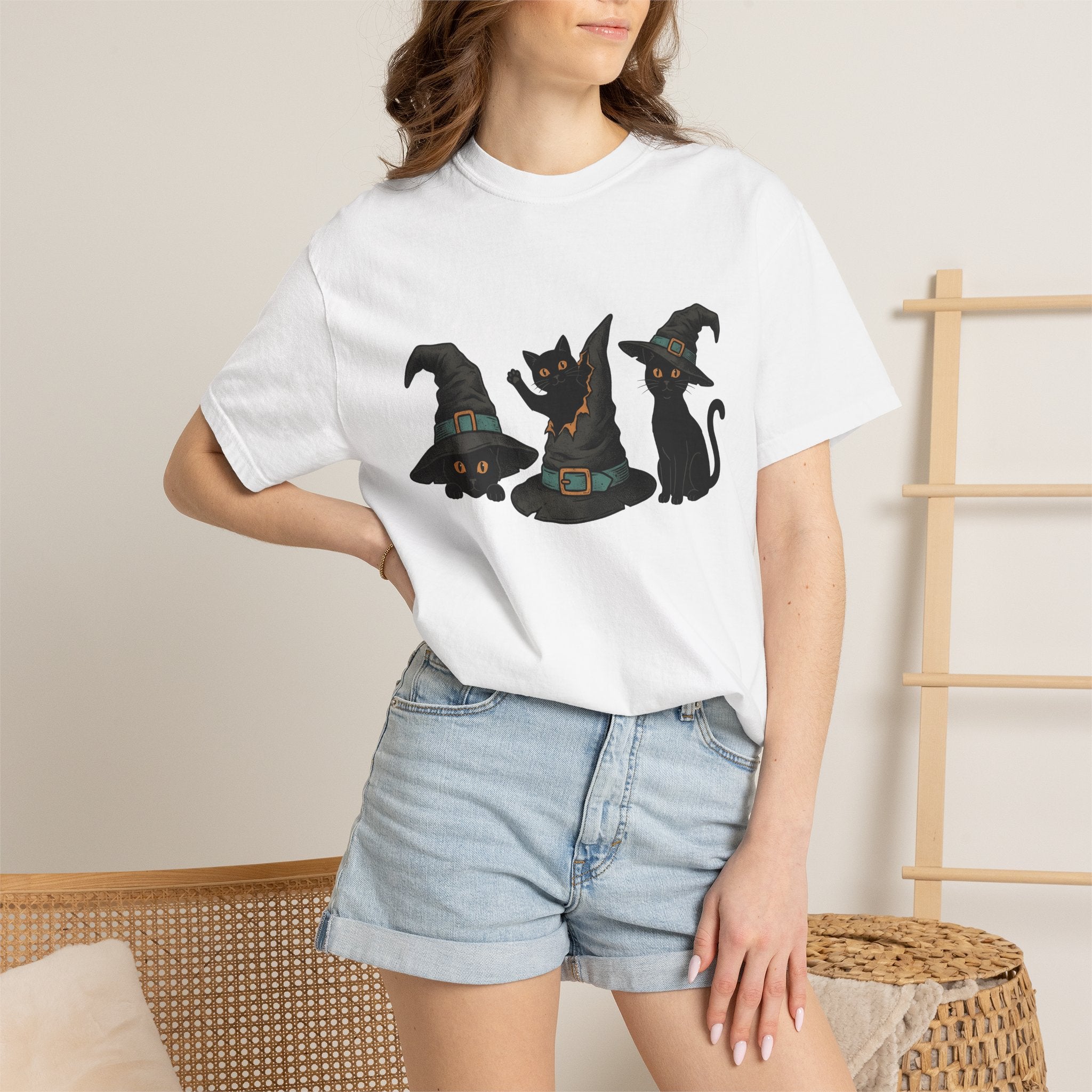 Black Cats Shirt Cat Costume Gift Women Retro Tee Cat T-Shirt Cat Fan Vintage Tshirt Cosplay Graphic Sketch Witch Hats Tshirt