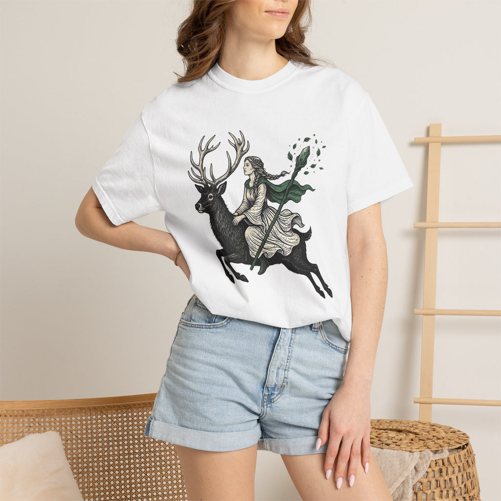 Woman Riding Stag Shirt Boho Chic Woodland Gift Women Fantasy Tee Rider T-Shirt Bohemian Fan Mythical Tshirt Forest Graphic Vintage Crystal