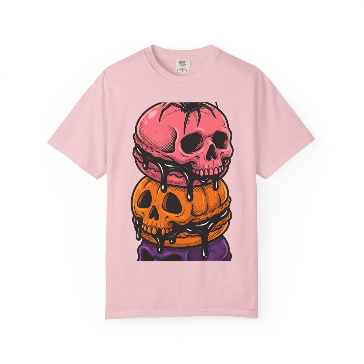 Skull Macarons Shirt Desserts Halloween Gift Women Bold Graphic Tee Macaron T-Shirt Pastry Fan Graphic Tshirt Spooky Graphic Retro Spider