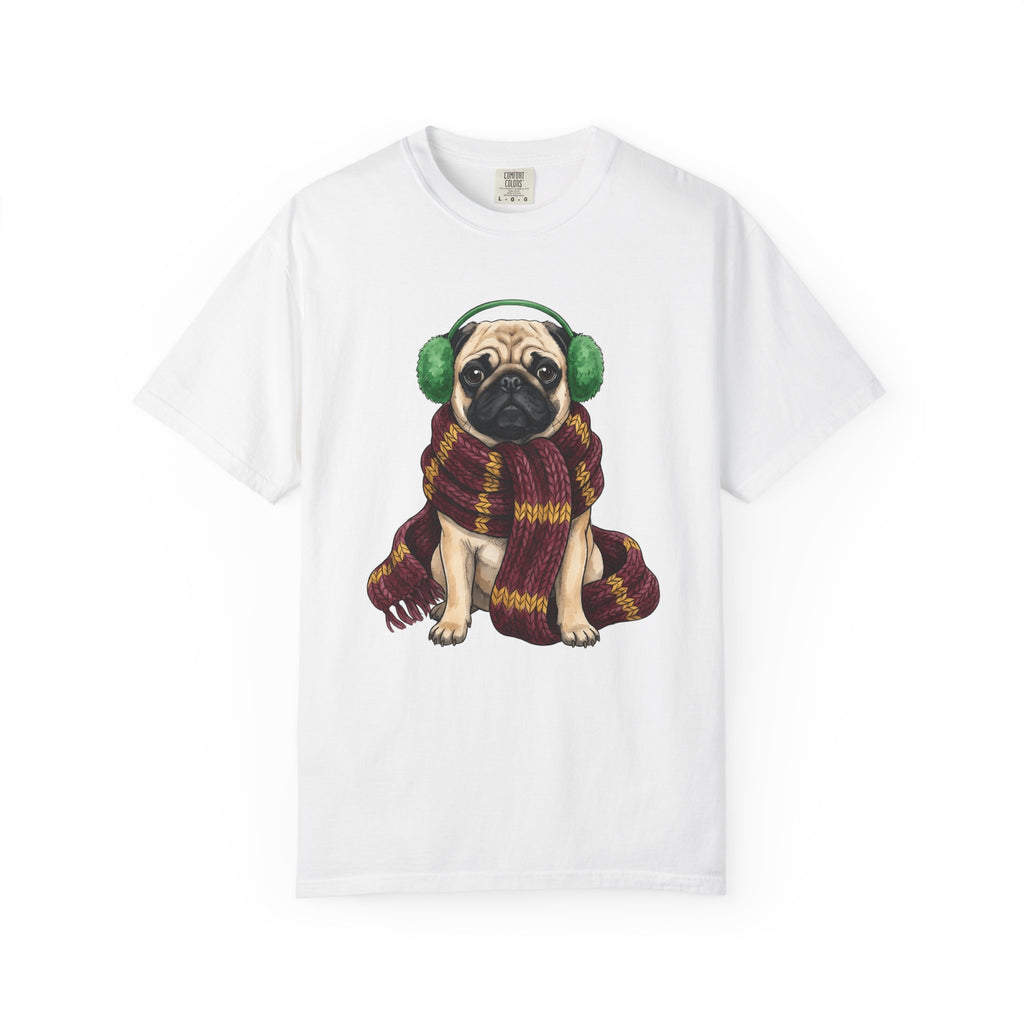 Pug Dog Shirt Dog Winter Gift Women Hand Drawn Tee Puggle T-Shirt Dog Fan Canine Graphic Cold Weather Design Tee Vintage Scarf Tshirt