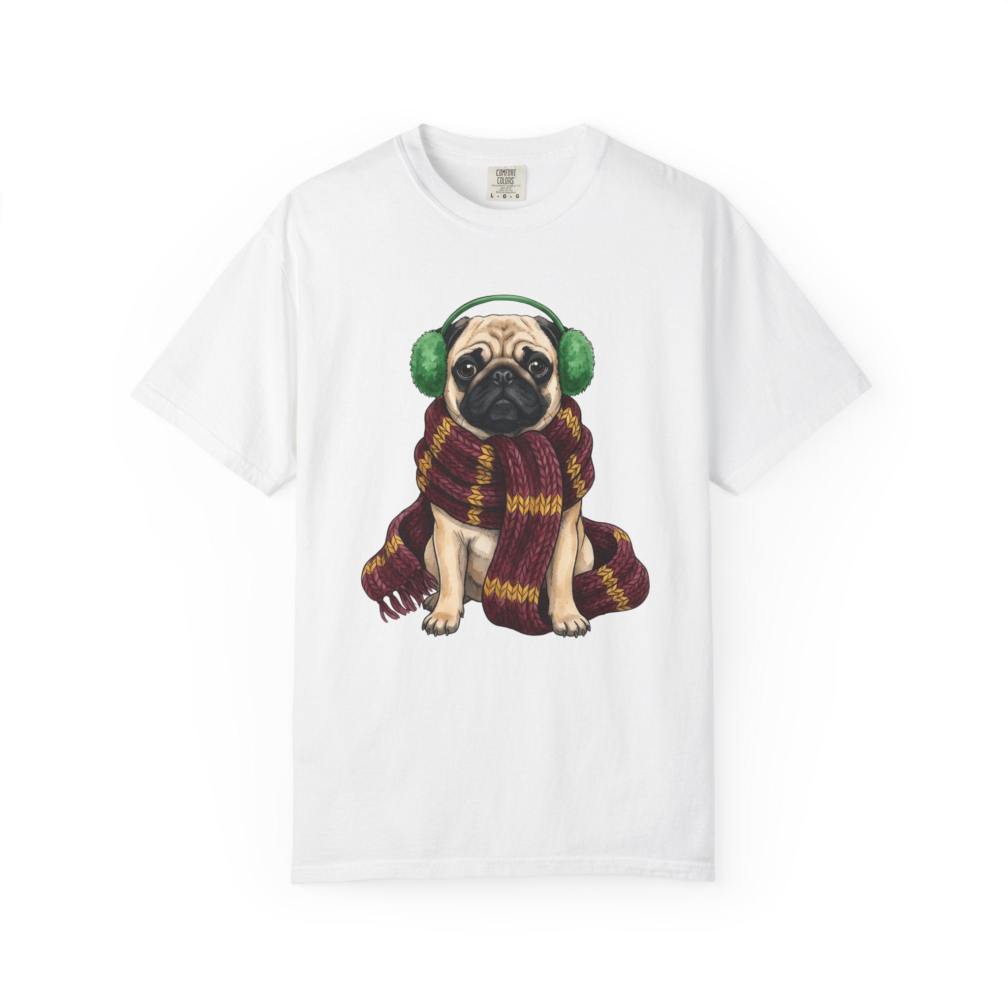 Pug Dog Shirt Dog Winter Gift Women Hand Drawn Tee Puggle T-Shirt Dog Fan Canine Graphic Cold Weather Design Tee Vintage Scarf Tshirt