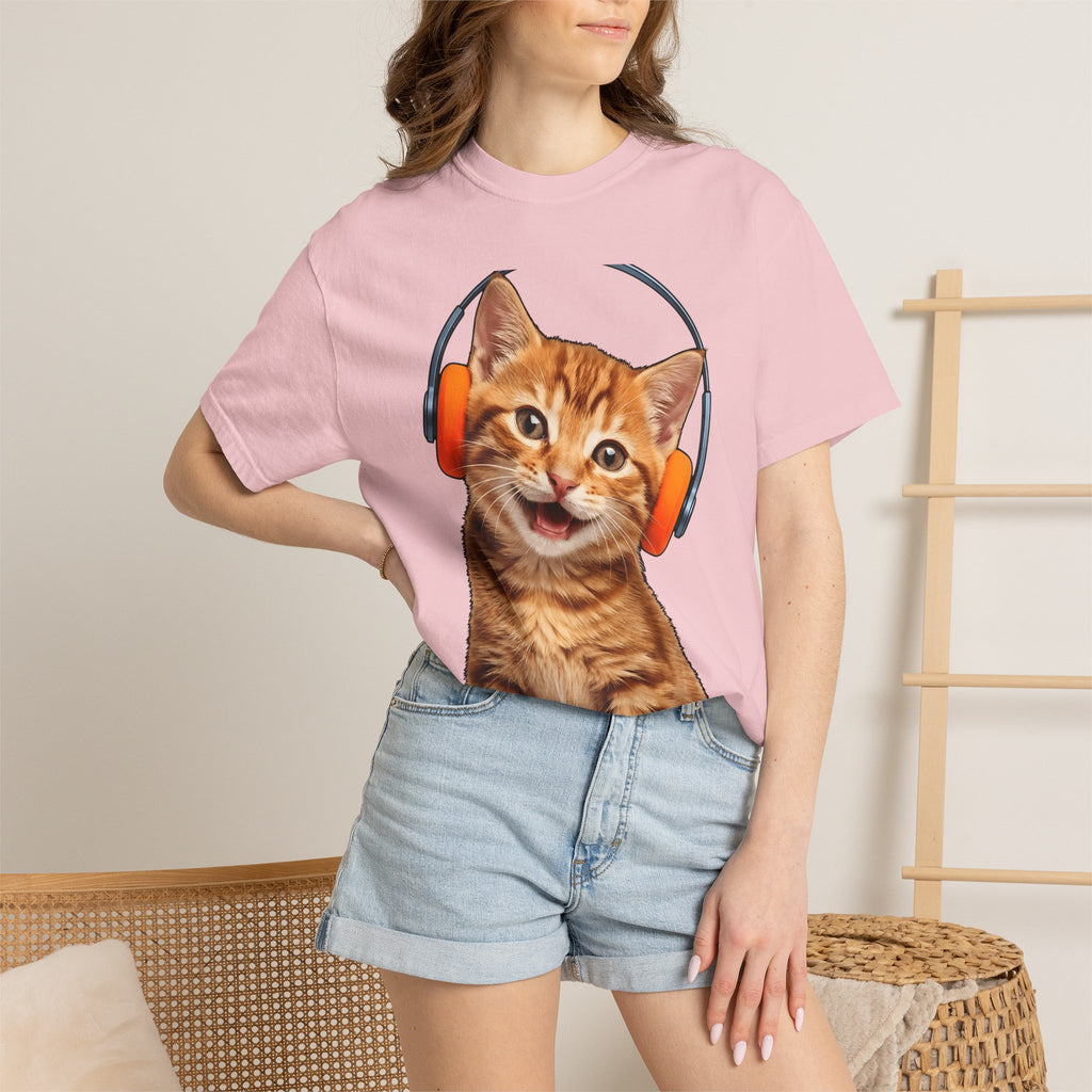 Ginger Cat Headphones Shirt Cat Melody Gift Women Whimsical Tee Orange Cat T-Shirt Cat Fan Fancy Art Tshirt Music Graphic Graphic Earbuds