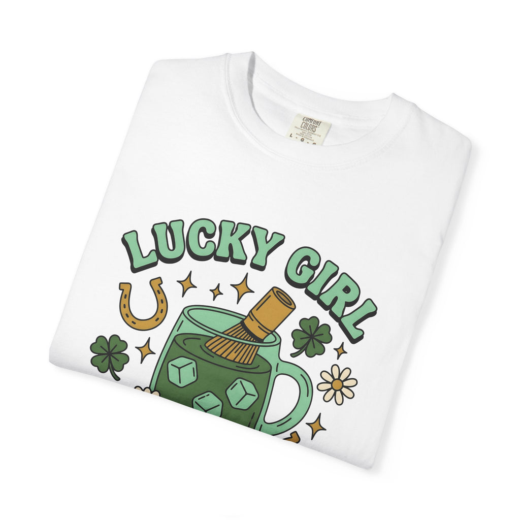 Matcha Drink Shirt St Patrick's Day Coffee Gift Women Doodle Tee Green Tea T-Shirt Shamrock Fan Hand Drawn Tshirt Coffee Graphic Retro