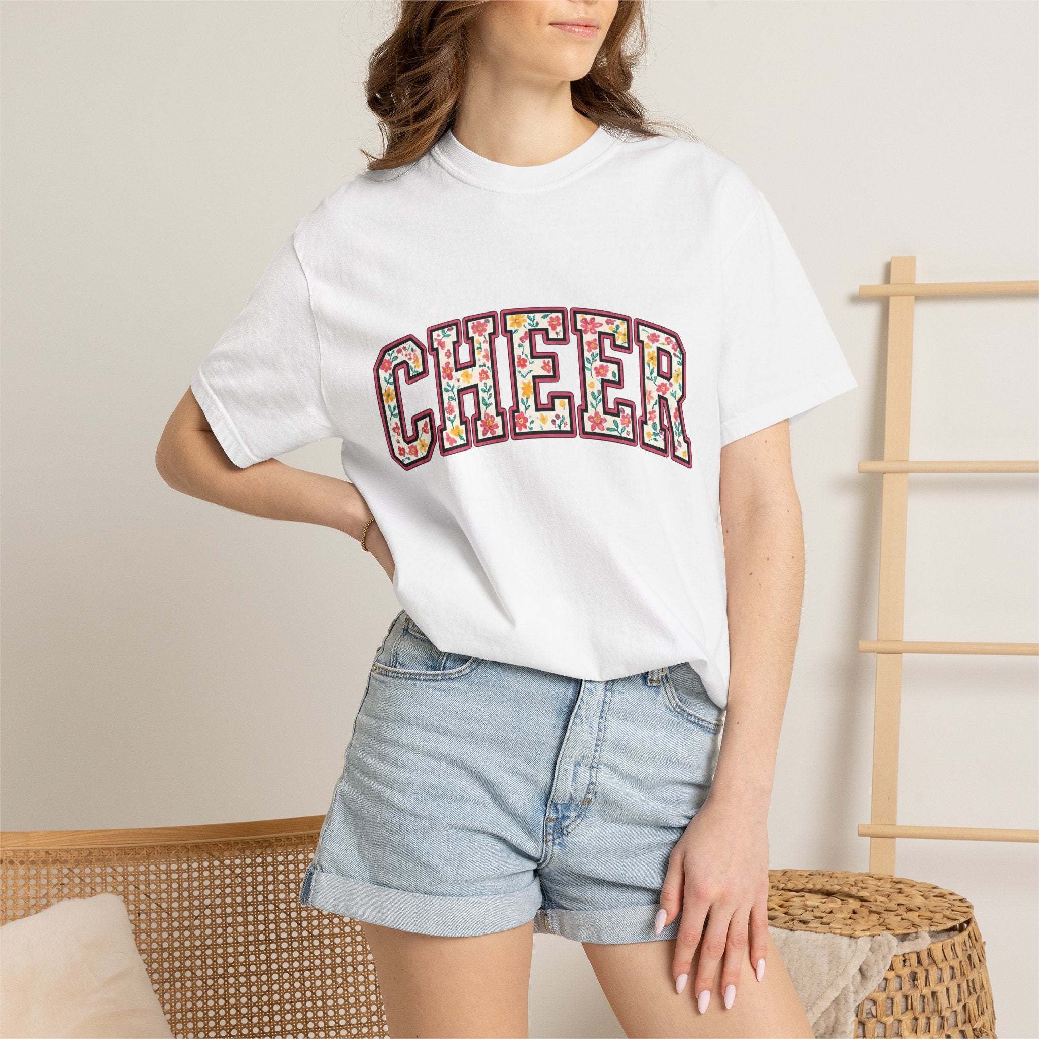 Varsity Blossom Text Shirt Cheer Petals Gift Women Heavy Tee Lettering T-Shirt Spirit Fan Bold Tshirt Floral Graphic Old School Floral