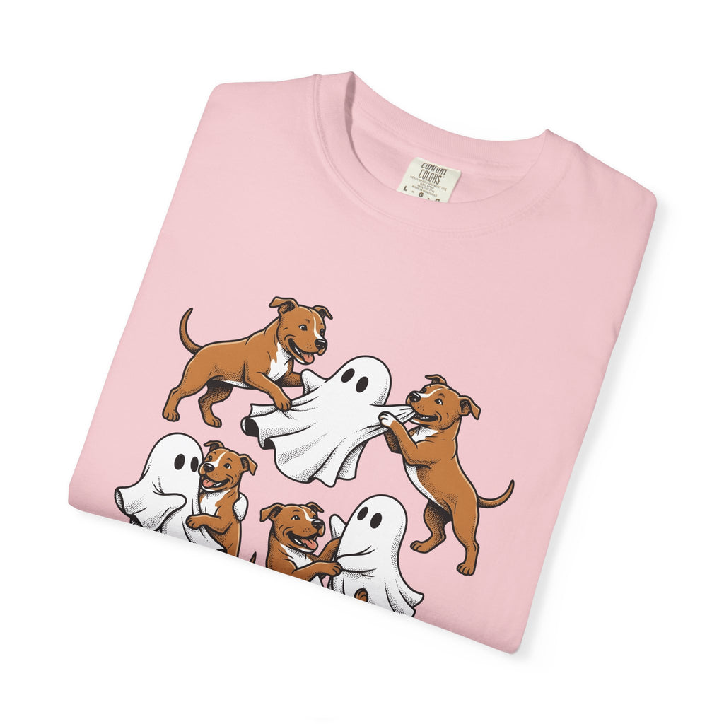 Ghost Pitbull Puppy Shirt Dog Funny Gift Women Comic Tee Pitbull Pup T-Shirt Dog Fan Cartoon Tshirt Humor Graphic Hand Drawn Halloween