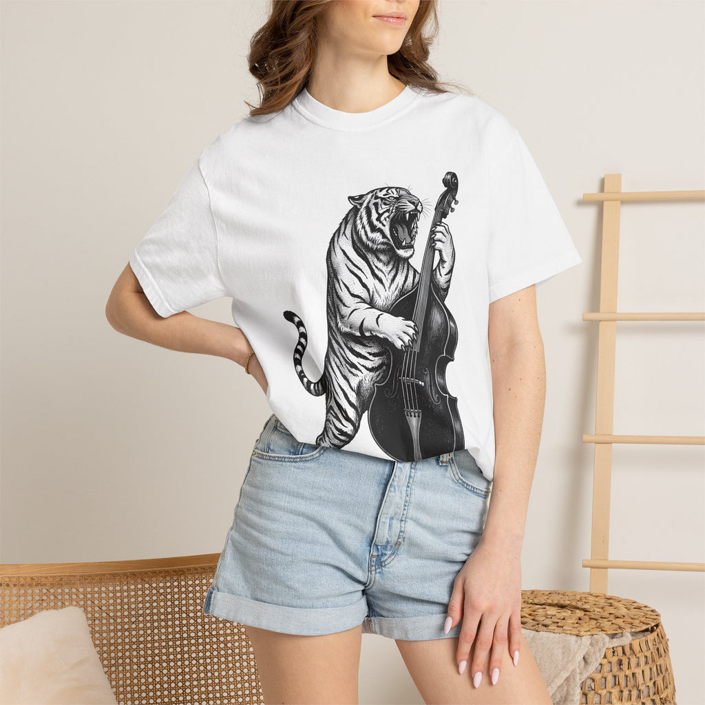 Tiger Double Bass Shirt Funny Sound Gift Women Illustrative Tee Double Bass T-Shirt Humor Fan Artistic Tshirt Audio Graphic Classic Creature