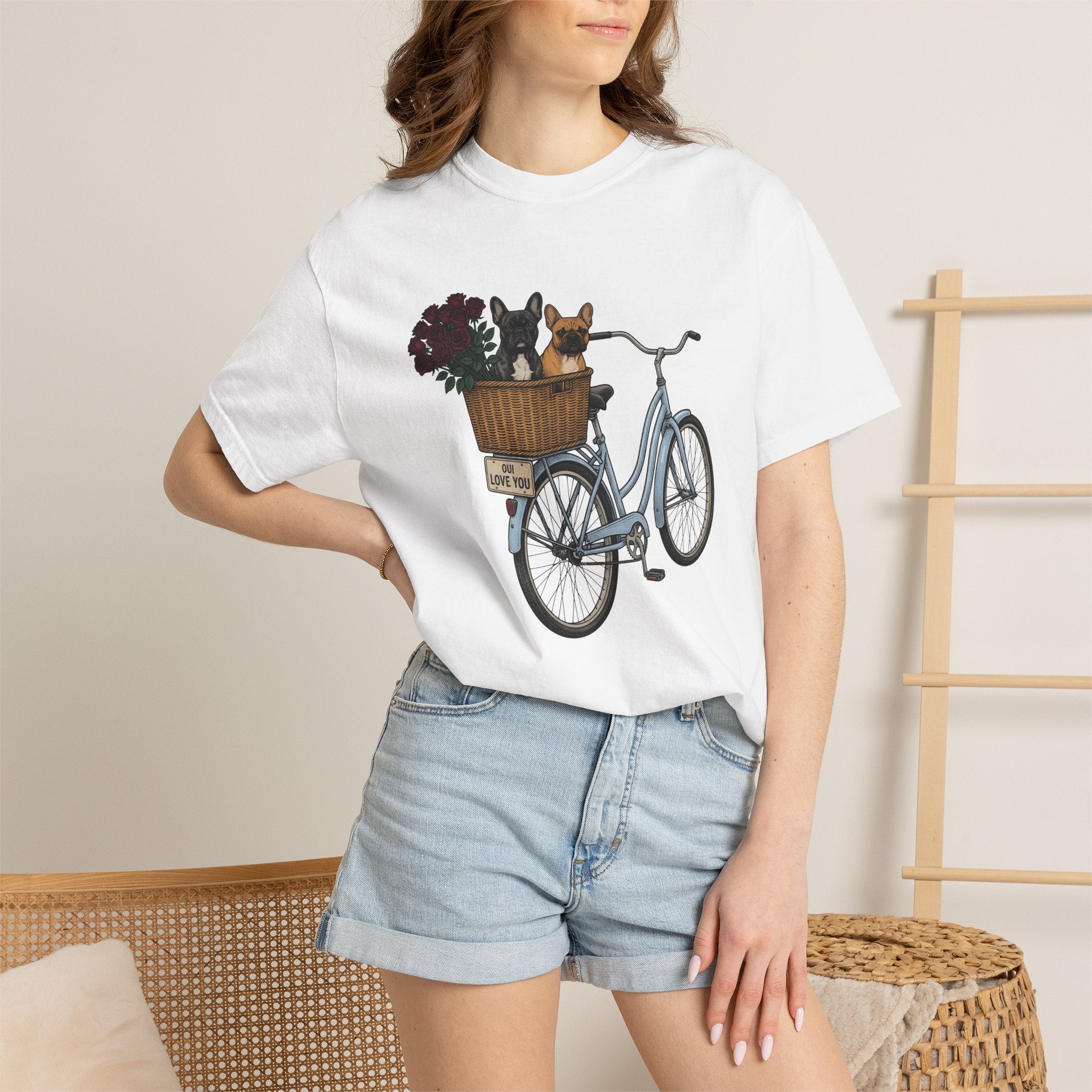 Frenchie Bike Shirt Valentines Day Puppy Gift Women Rustic Tee Bicycle T-Shirt Valentine Fan Rustic Tshirt Dog Graphic Line Art Garden Rose