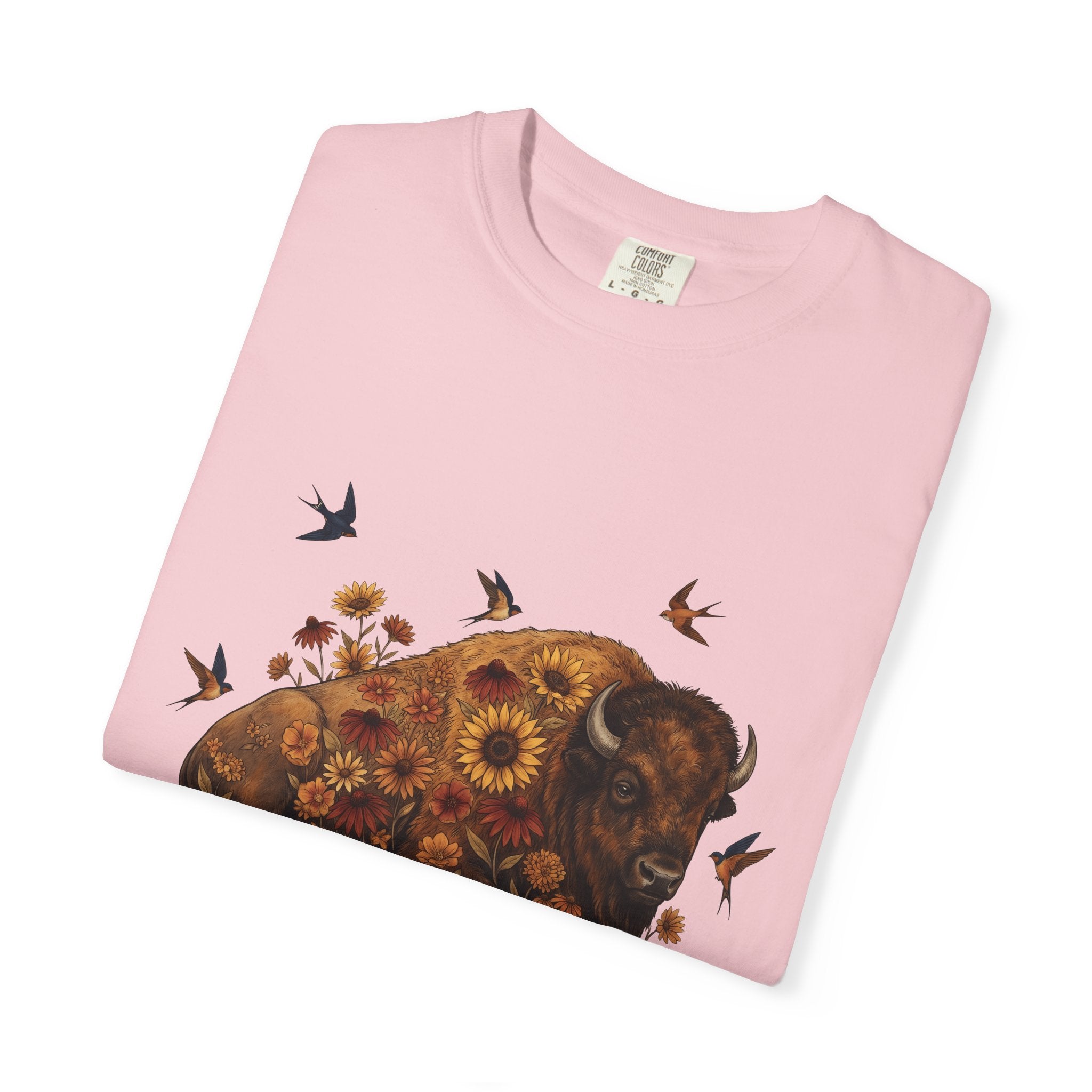 Bison Blossom Shirt Animals Wildlife Gift Women Folk Tee Buffalo T-Shirt Creature Fan Folk Art Tshirt Wildlife Graphic Throwback Swallow