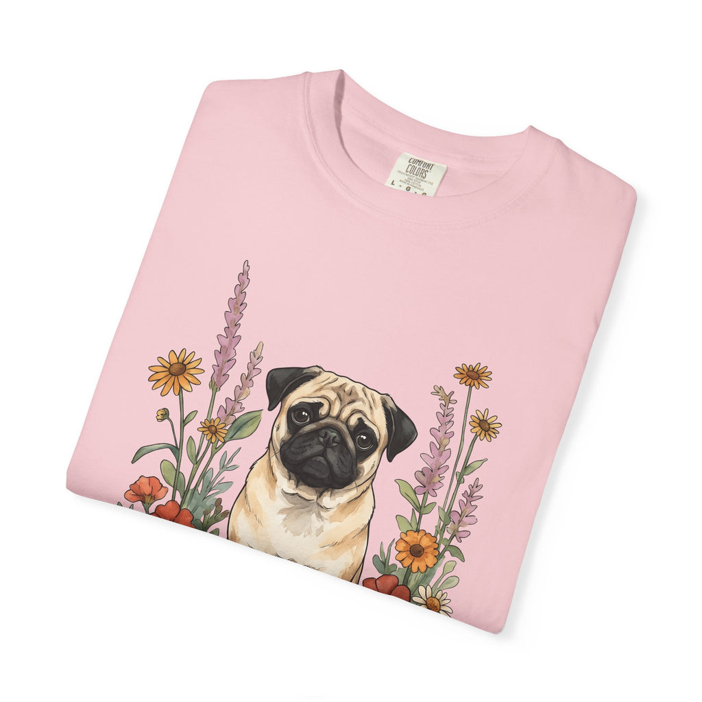 Pug Pet Shirt Dog Blossoms Gift Women Gouache Tee Pug T-Shirt Dog Fan Painter Tshirt Floral Graphic Contour Wild Blooms Tshirt