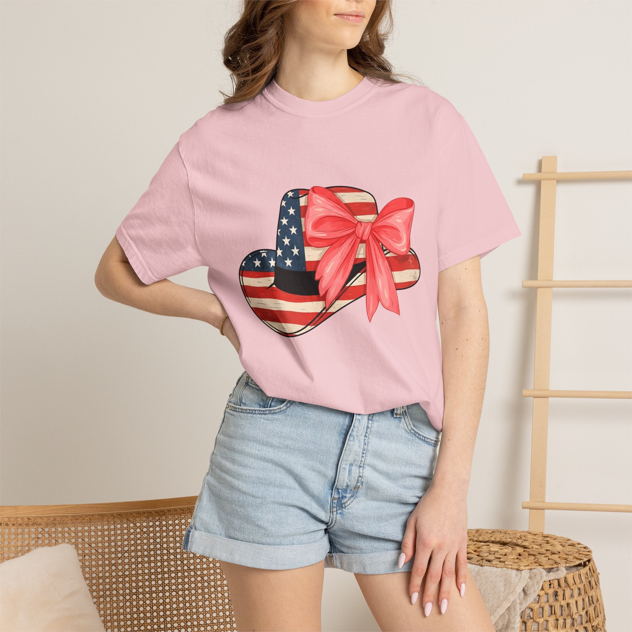 Patriotic Hat Shirt 4th Of July Patriotic Gift Women Vintage Tee Cap T-Shirt Fireworks Fan Retro Tshirt American Graphic Hand Drawn Bow