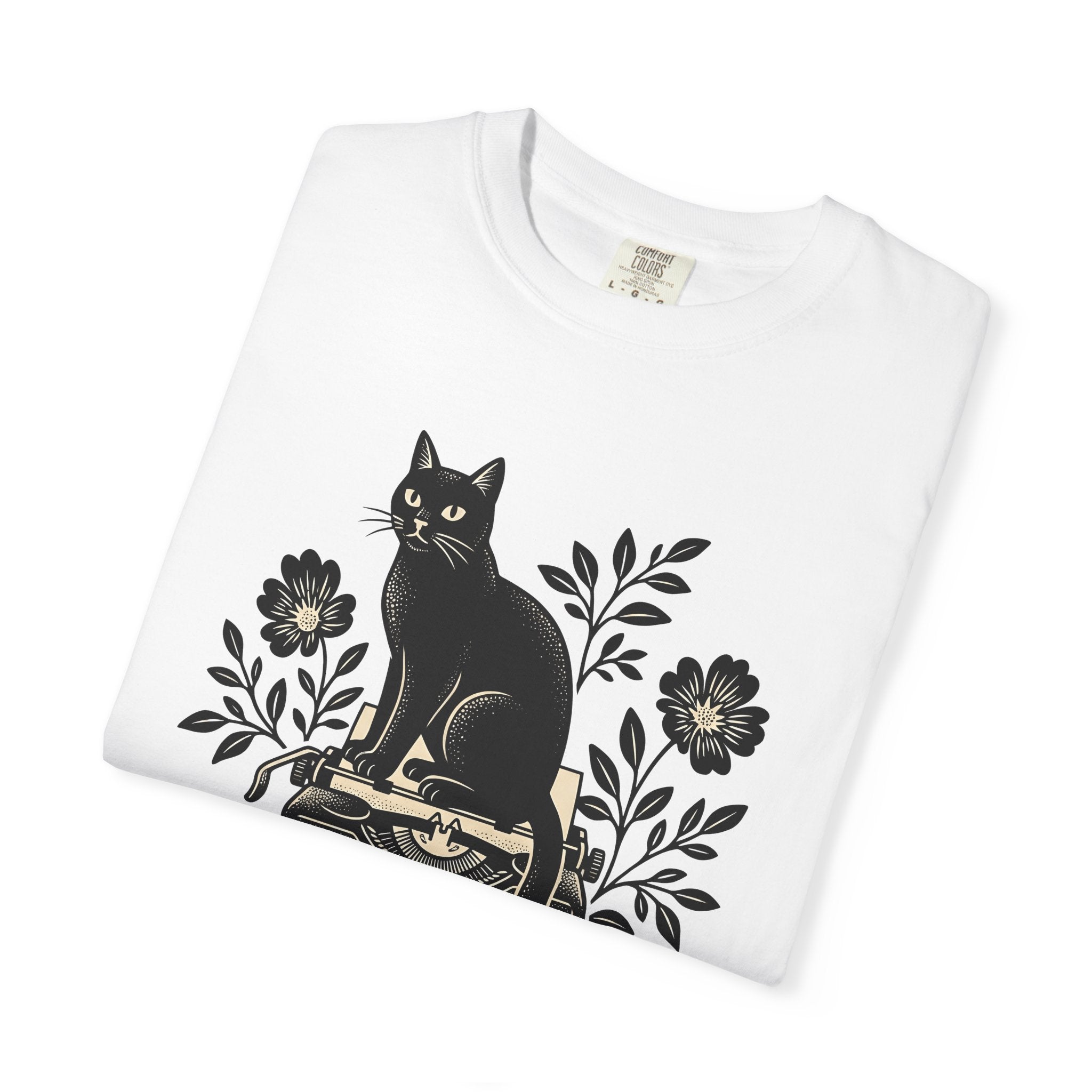 Black Cat Typewriter Shirt Cat Botanical Gift Women Hand Drawn Tee Cat T-Shirt Cat Fan Feline Tshirt Floral Graphic Line Art Flower Bouquet