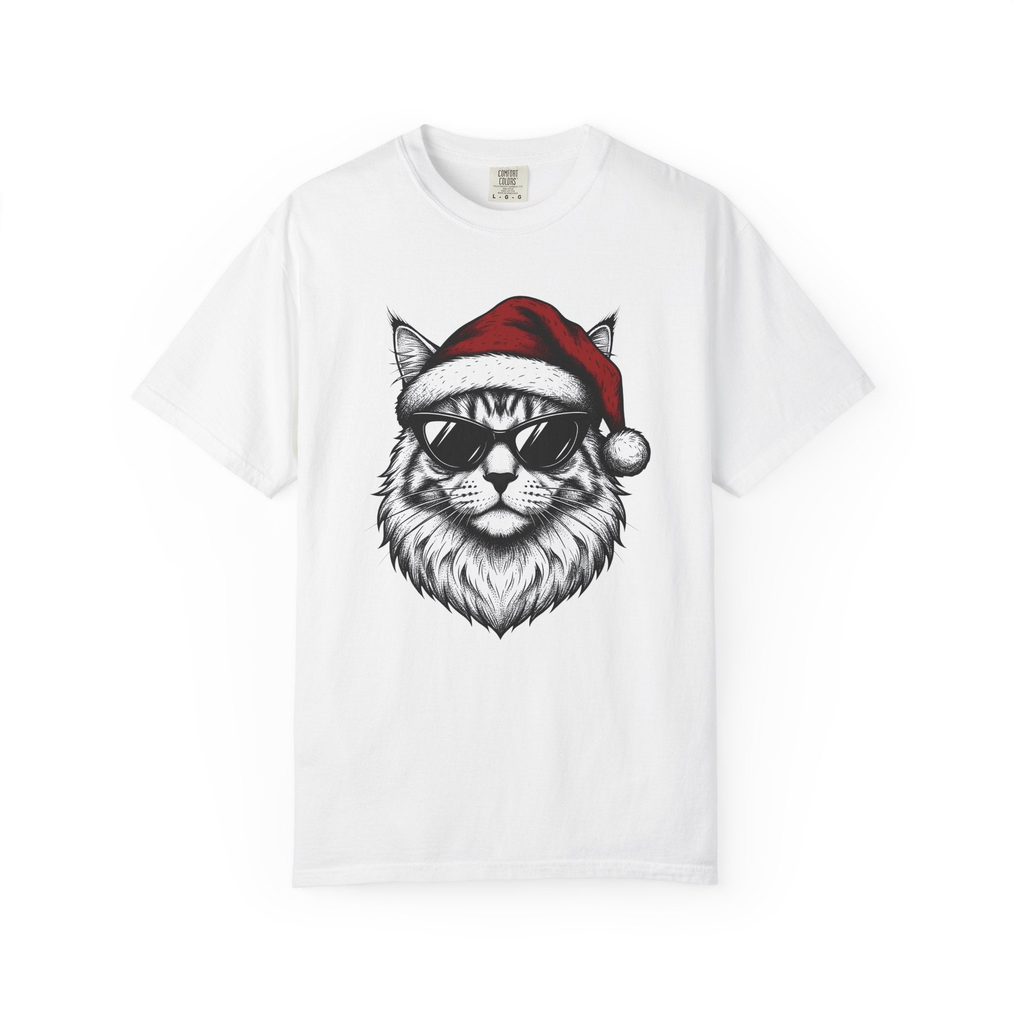 Kitten Santa Hat Shirt Christmas Animal Gift Women Line Art Tee Kitten Santa Hat T-Shirt Christmas Fan Kitty Graphic Cartoon Shades Tshirt